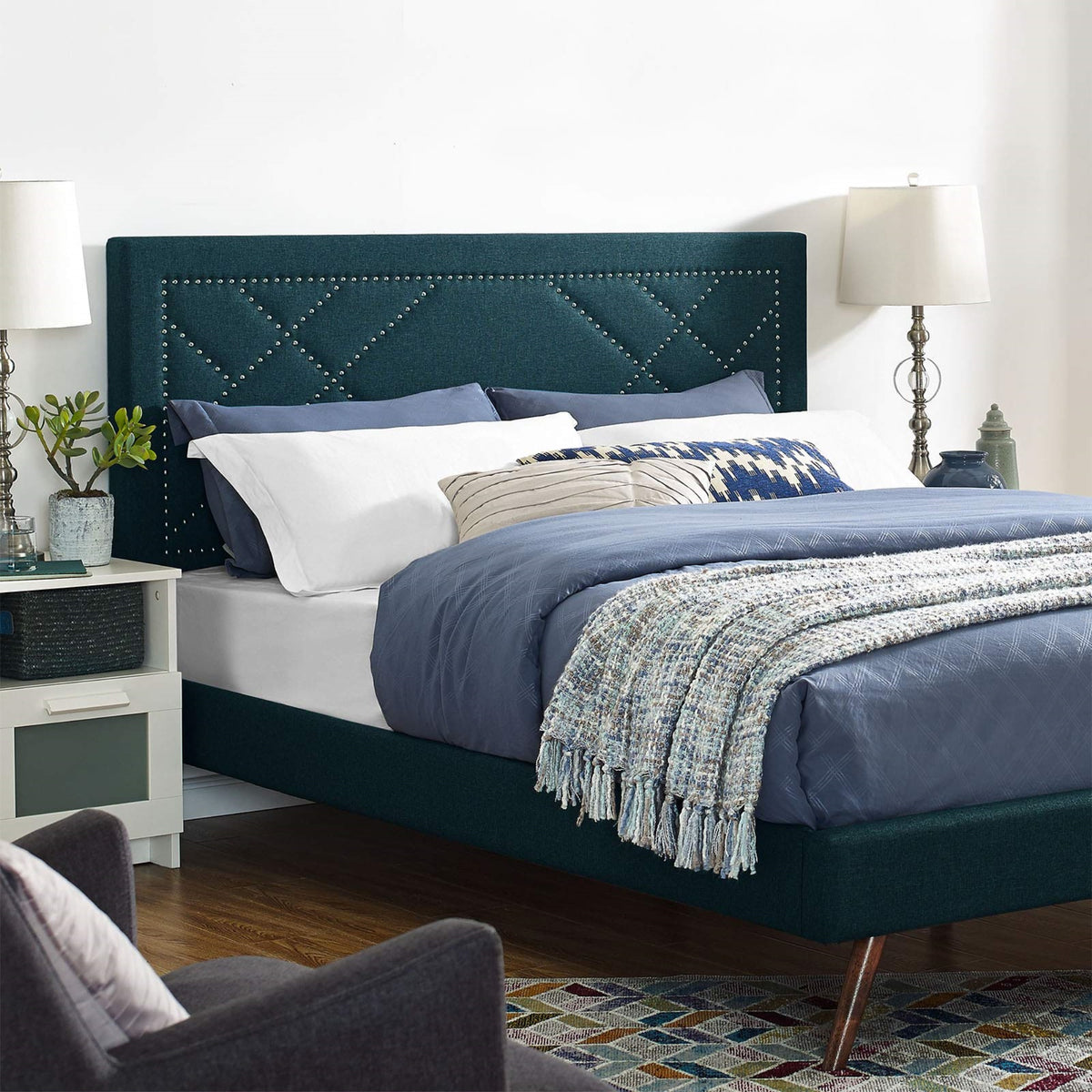 Casafoyer Reese Upholstered Nailhead Linen Fabric Full / Queen Headboard Size In Azure