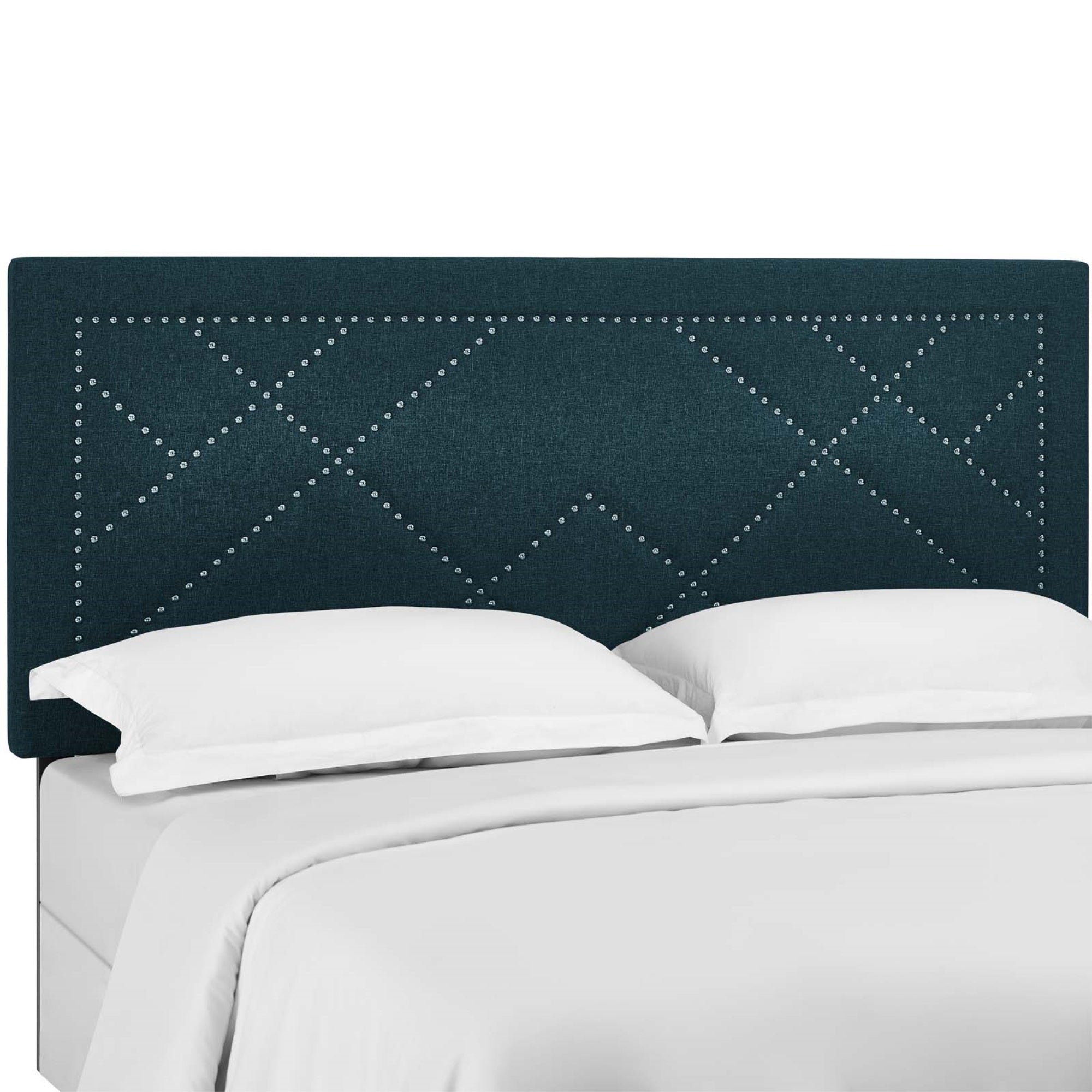 Reese Nailhead Full/Queen Upholstered Linen Headboard - Geometric Elegance, Adjustable Height, Sturdy Frame.