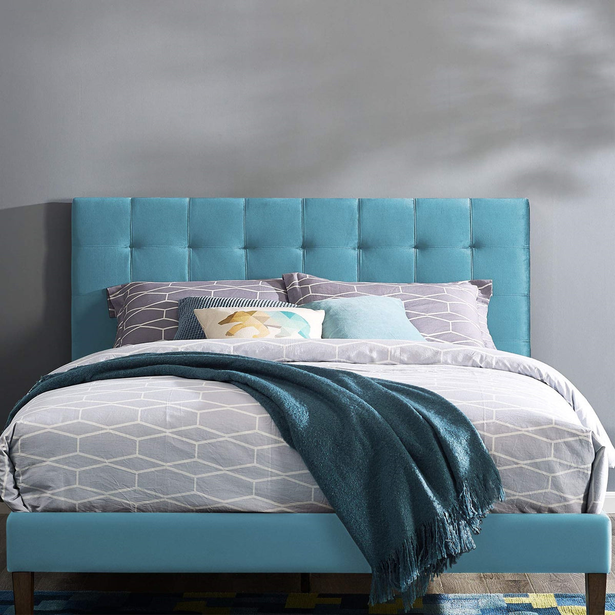 Casafoyer Mod-5853 Paisley Upholstered Biscuit Tufted Performance Velvet Full/Queen Headboard Size In Sea Blue
