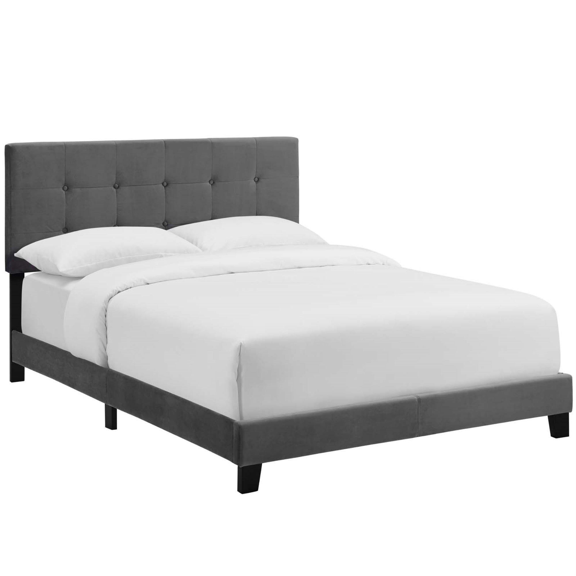 Amira Performance Velvet Full Platform Bed - Stain-Resistant Upholstered Base, Button-Tufted Headboard, Wood Frame - Gray