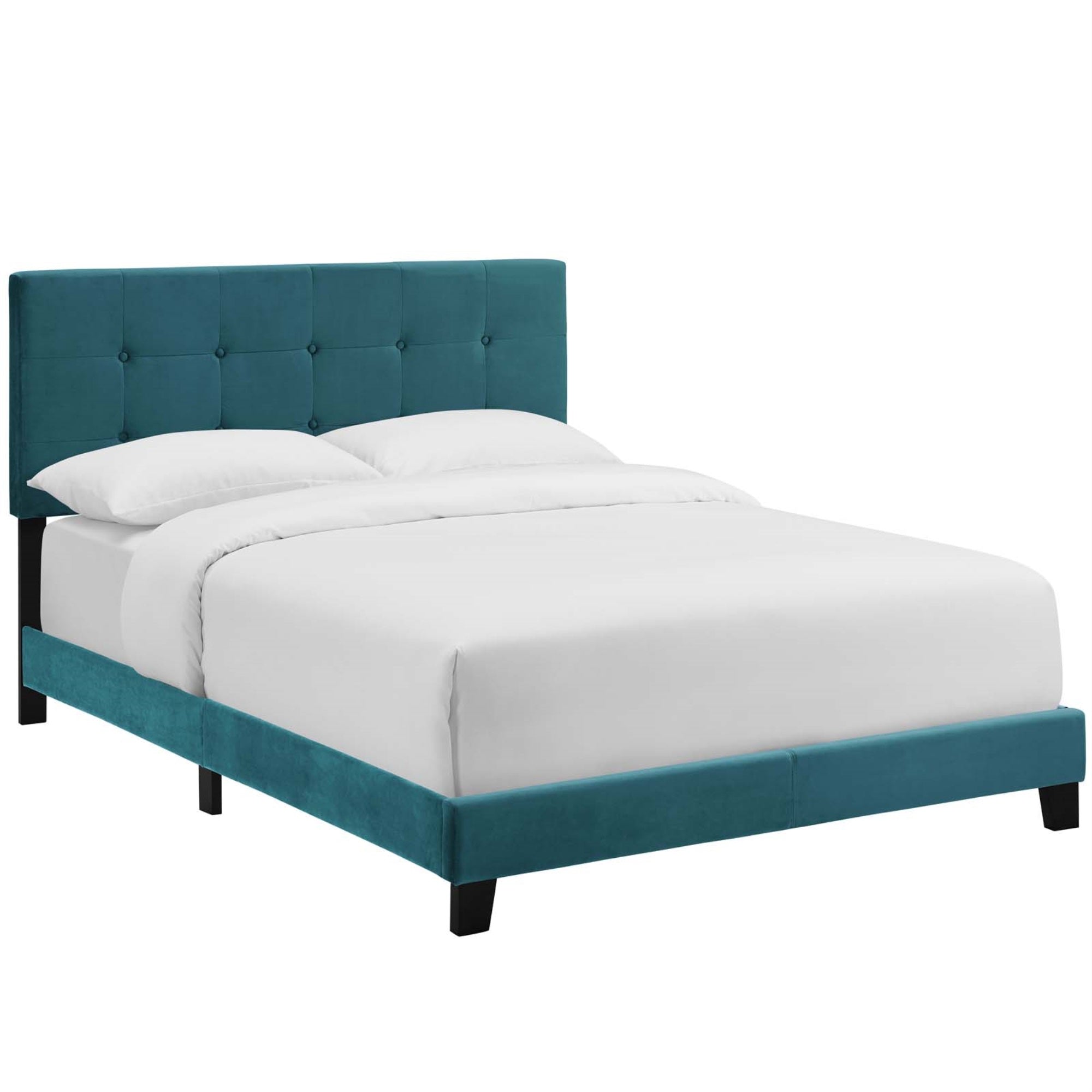 Amira Performance Velvet Full Platform Bed - Chic & Comfortable | Stain-Resistant Fabric | Button-Tufted Headboard | Durable Wood Frame | Non-Marking Foot Caps | Reinforced Center Beams | Fits Various Mattresses | Elegant Bedroom Centerpiece