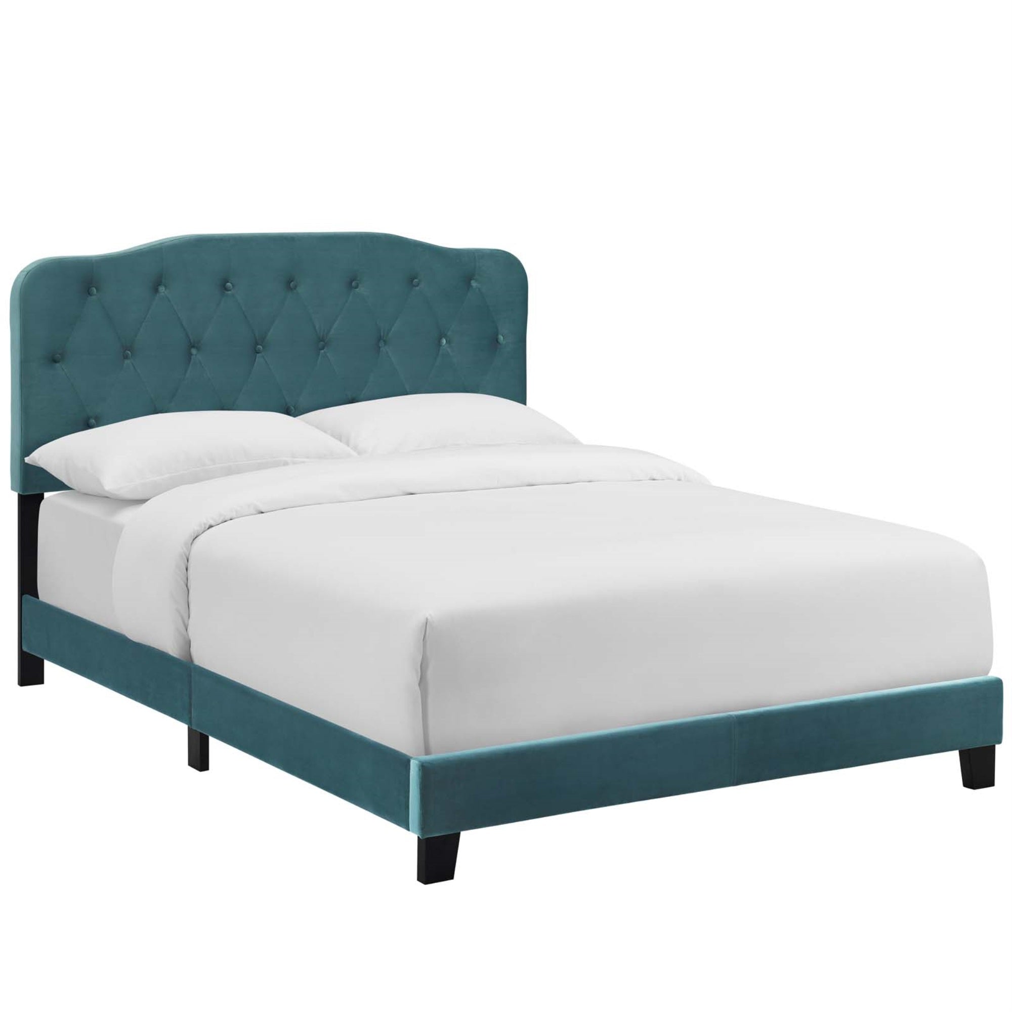 Amelia Full Bed - Luxurious Stain-Resistant Velvet Upholstery, Button-Tufted Headboard, Solid Wood Construction, Non-Marking Wood Legs. 800 Lbs Weight Capacity. Box Spring Required (Not Included).