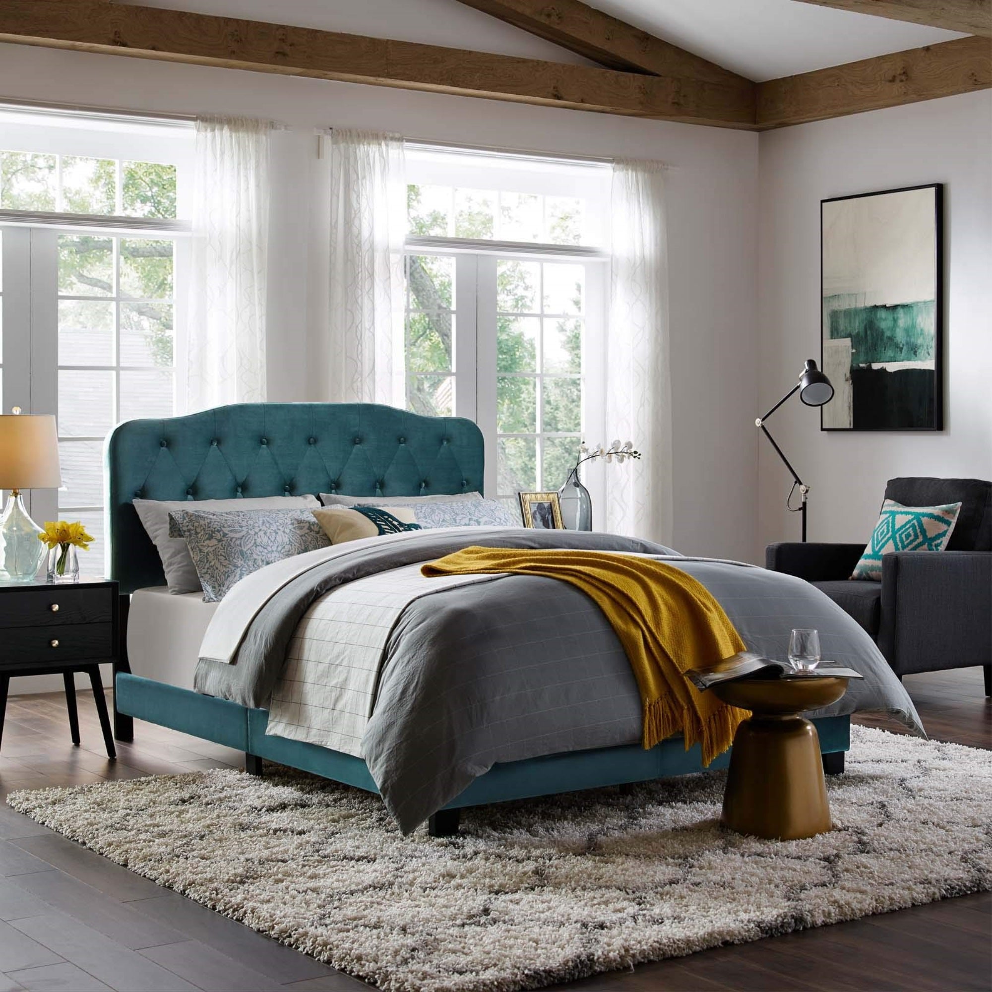 Casafoyer Amelia Tufted Performance Velvet Upholstered Queen Bed In Sea Blue
