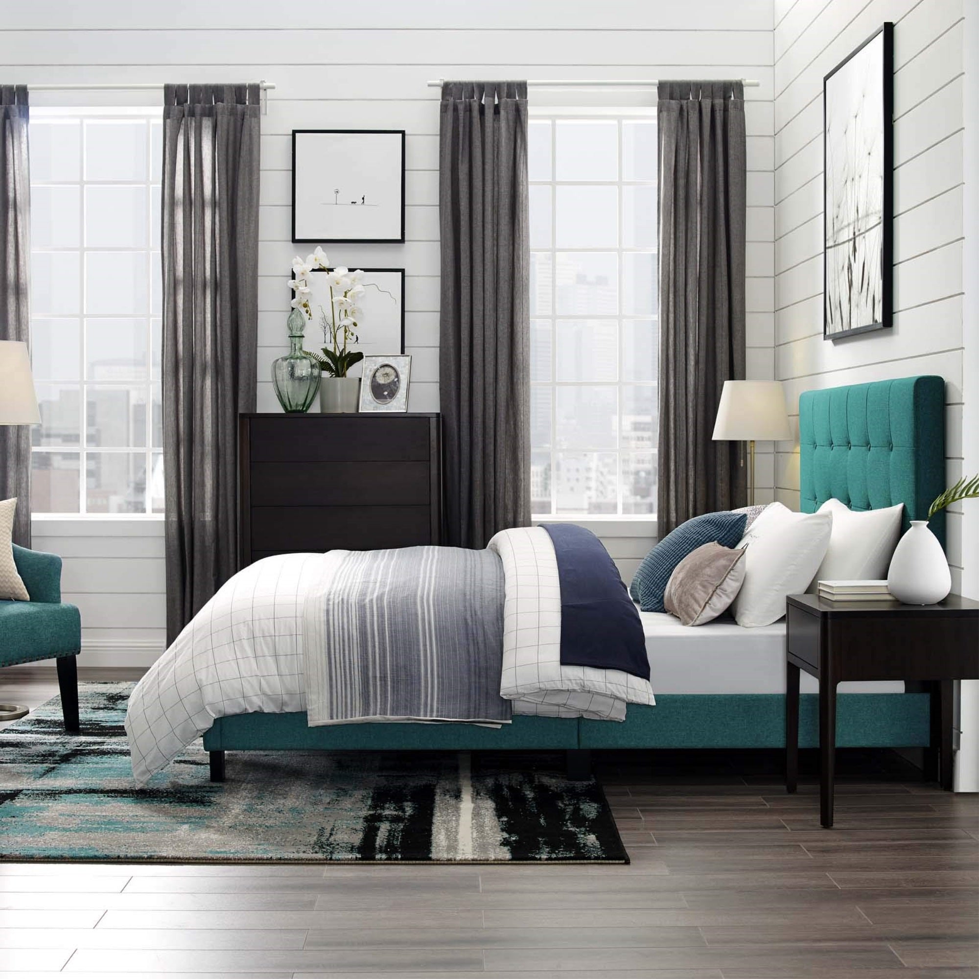 Casafoyer Melanie Tufted Fabric Upholstered Queen Platform Bed In Teal