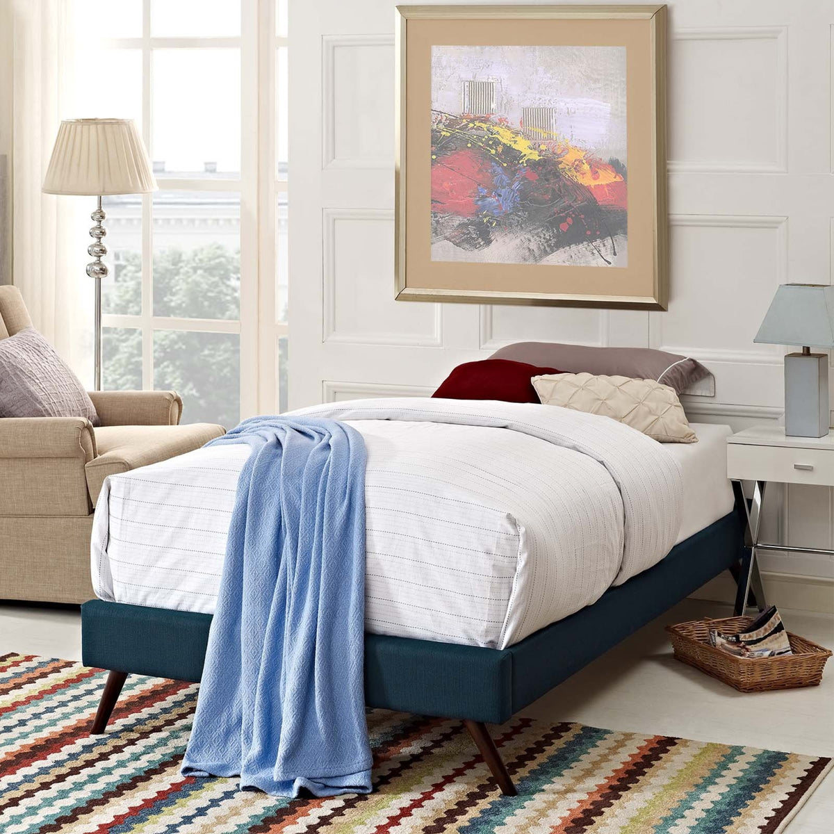 Casafoyer Loryn Upholstered Twin Platform Bed Frame With Wood Slat Support In Azure