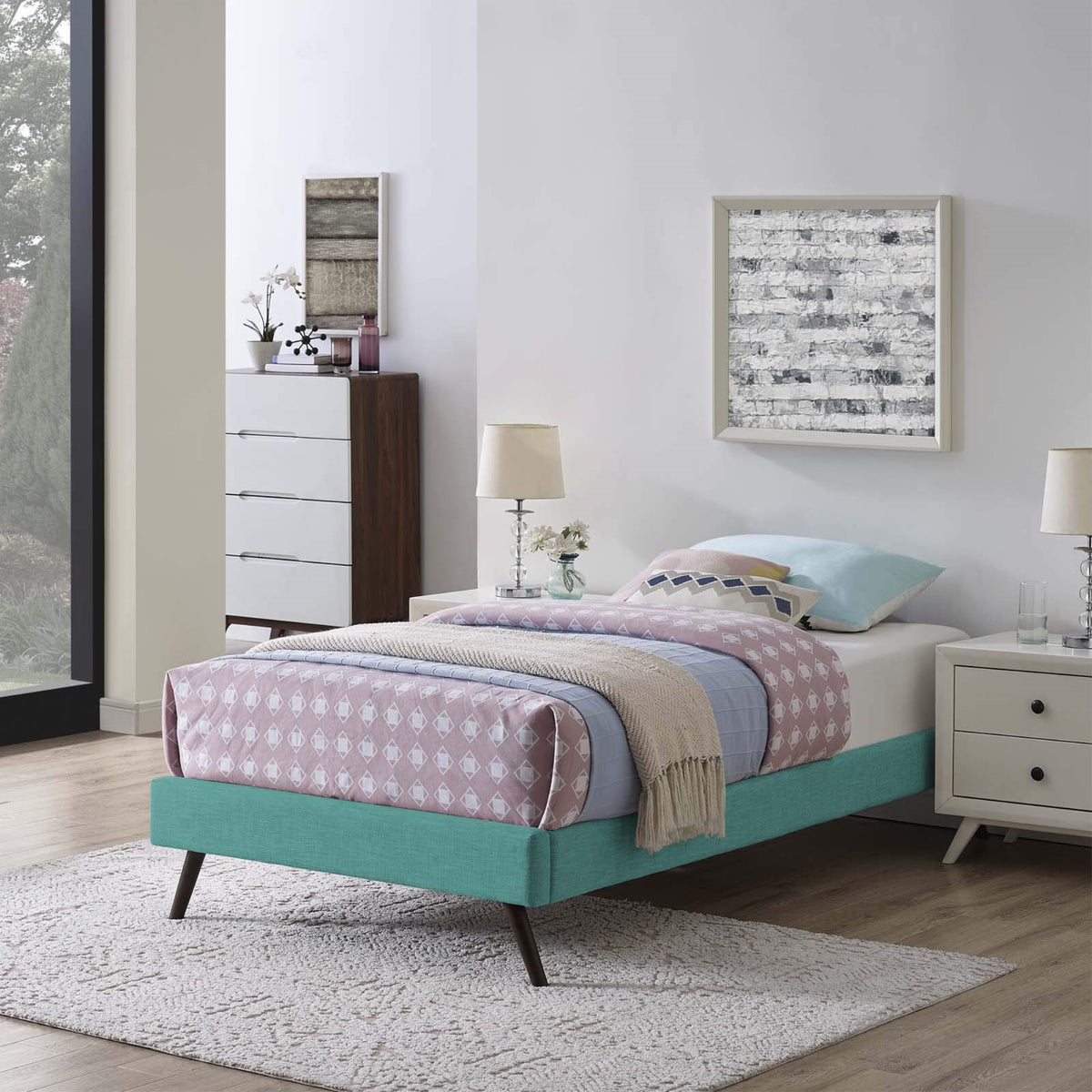 Casafoyer Loryn Upholstered Twin Platform Bed Frame With Wood Slat Support In Teal