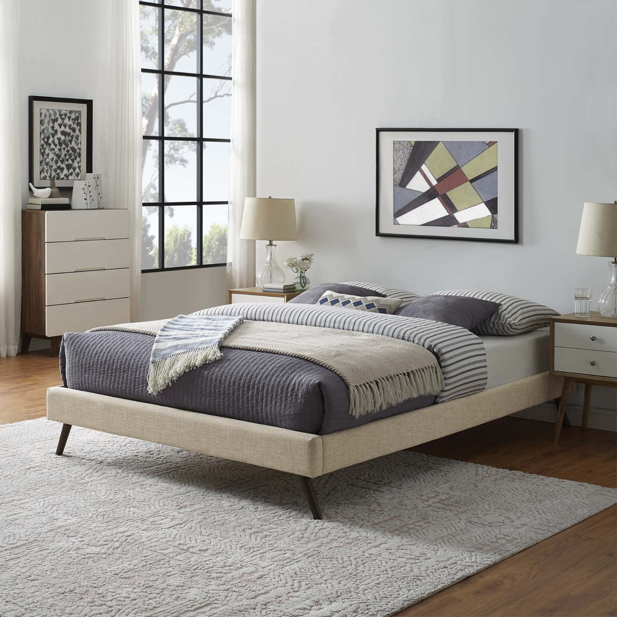 Casafoyer Loryn Upholstered Full Platform Bed Frame With Wood Slat Support In Beige