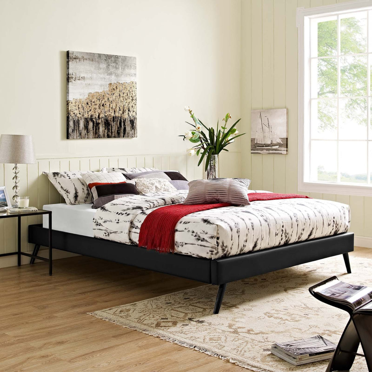 Casafoyer Loryn Faux Leather Queen Platform Bed Frame With Wood Slat Support In Black