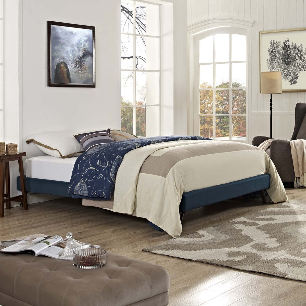 Casafoyer Mod-5891 Loryn Upholstered Queen Platform Bed Frame With Wood Slat Support In Azure