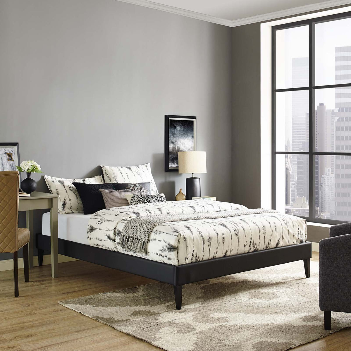 Casafoyer Tessie Faux Leather Full Platform Bed Frame With Wood Slat Support In Black