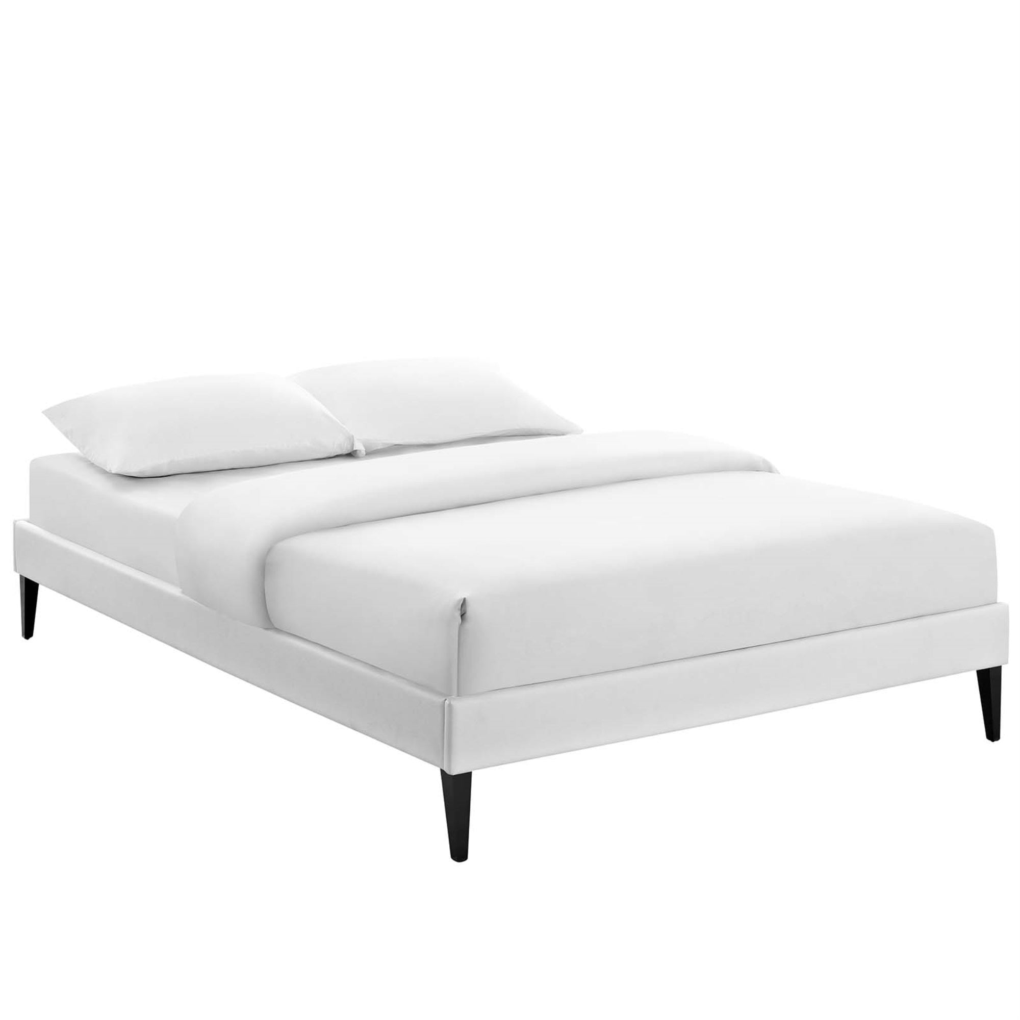 Tessie Platform Bed - Solid Wood Frame, Vinyl Upholstery, Tapered Legs - No Box Spring Needed - Queen Size - White