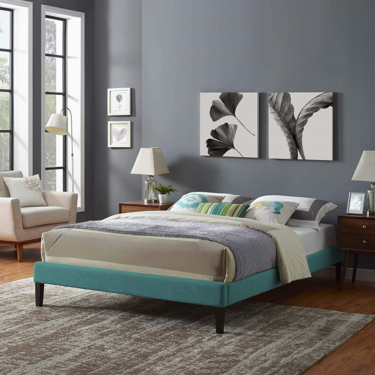 Casafoyer Tessie Upholstered Queen Platform Bed Frame With Wood Slat Support In Teal