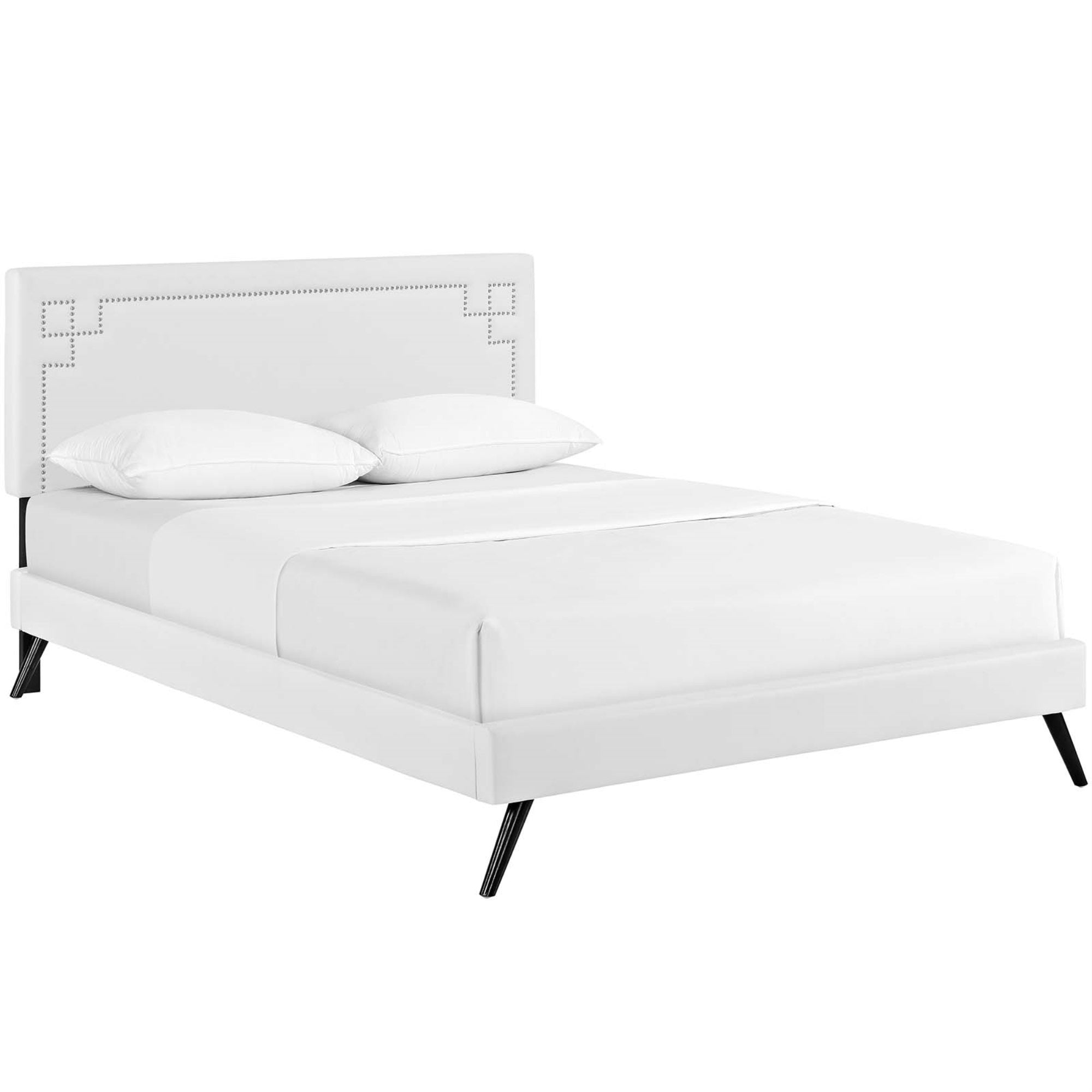 Ruthie Platform Bed - Solid Wood Frame, Vinyl Upholstery, Tapered Legs - Compatible With Memory Foam Mattresses - Queen Size, White