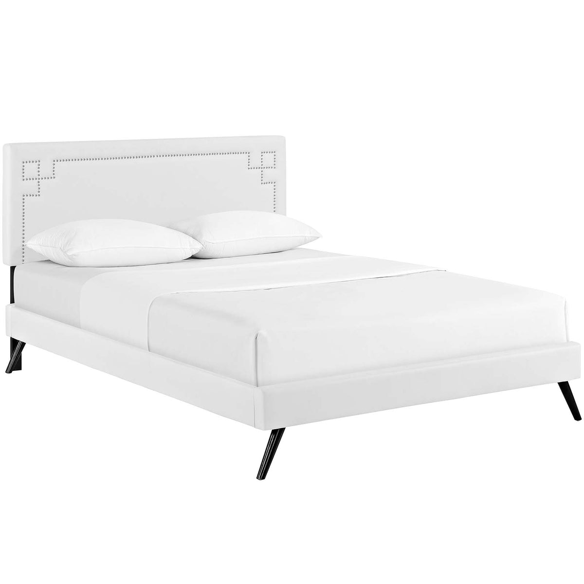 Ruthie Queen Vinyl Platform Bed With Round Splayed Legs - White