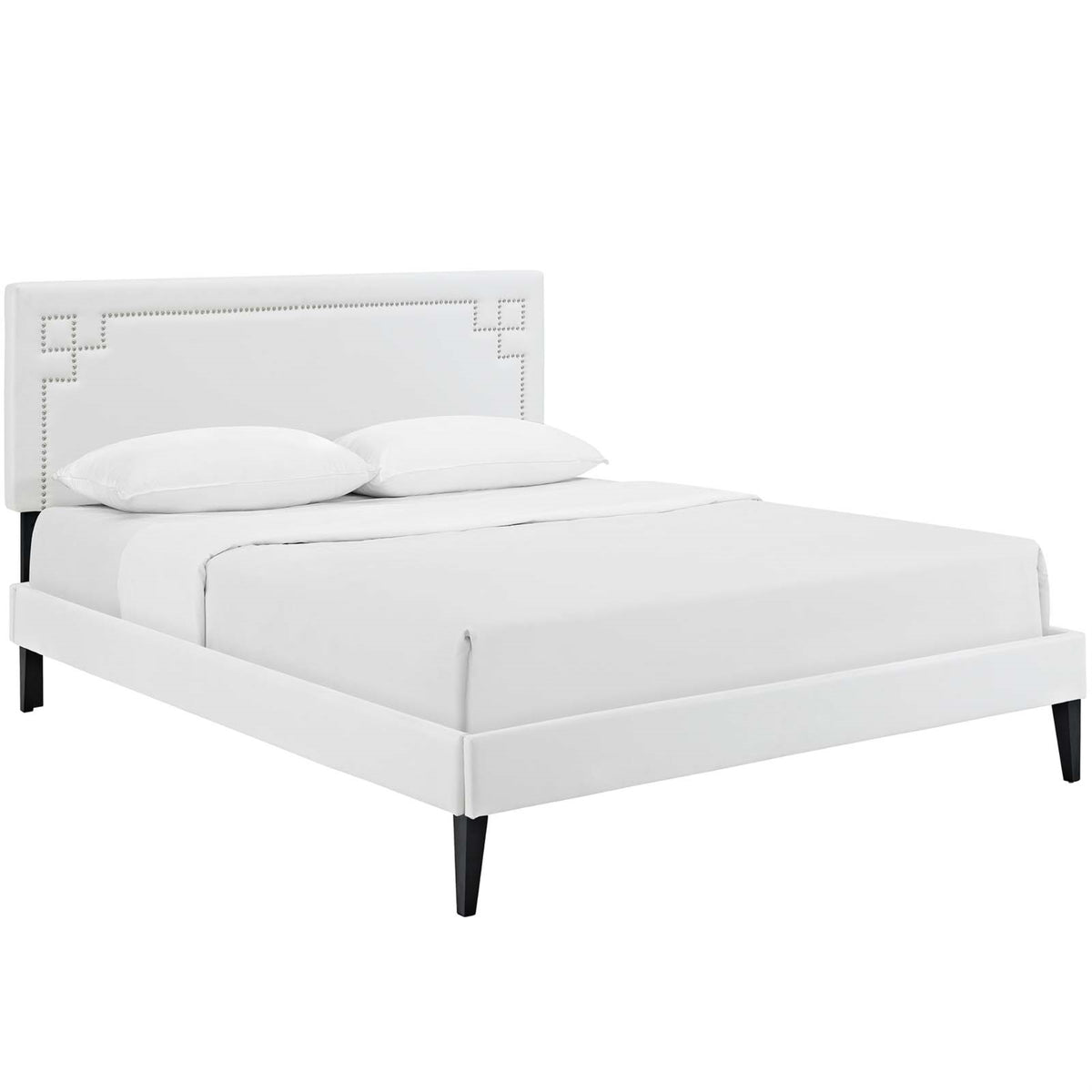 Ruthie Platform Bed - Solid Wood, Vinyl Upholstery, Tapered Legs, No Box Spring Needed, Compatible With Memory Foam Mattresses - Queen Size, White
