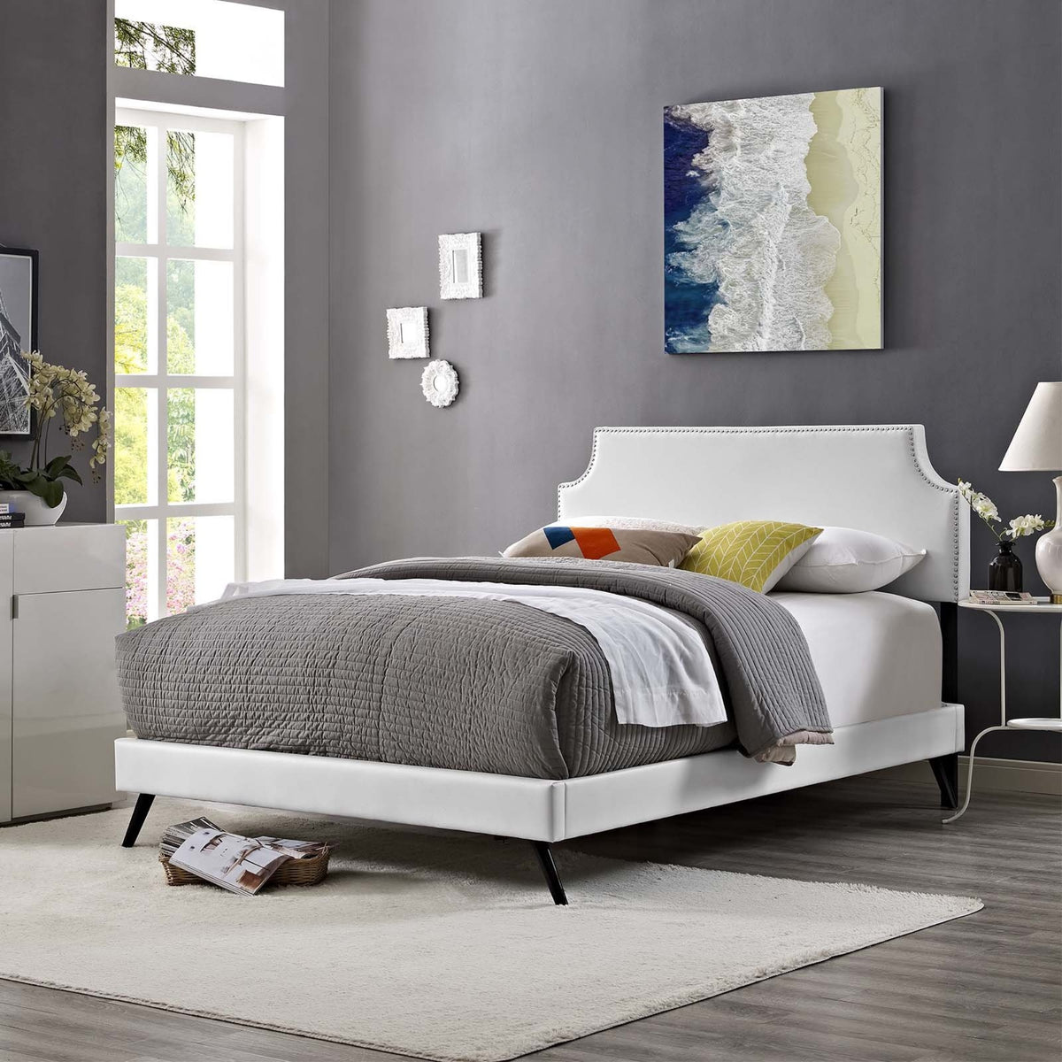 Casafoyer Corene Faux Leather Upholstered Queen Platform Bed Frame With Round Splayed Legs In White
