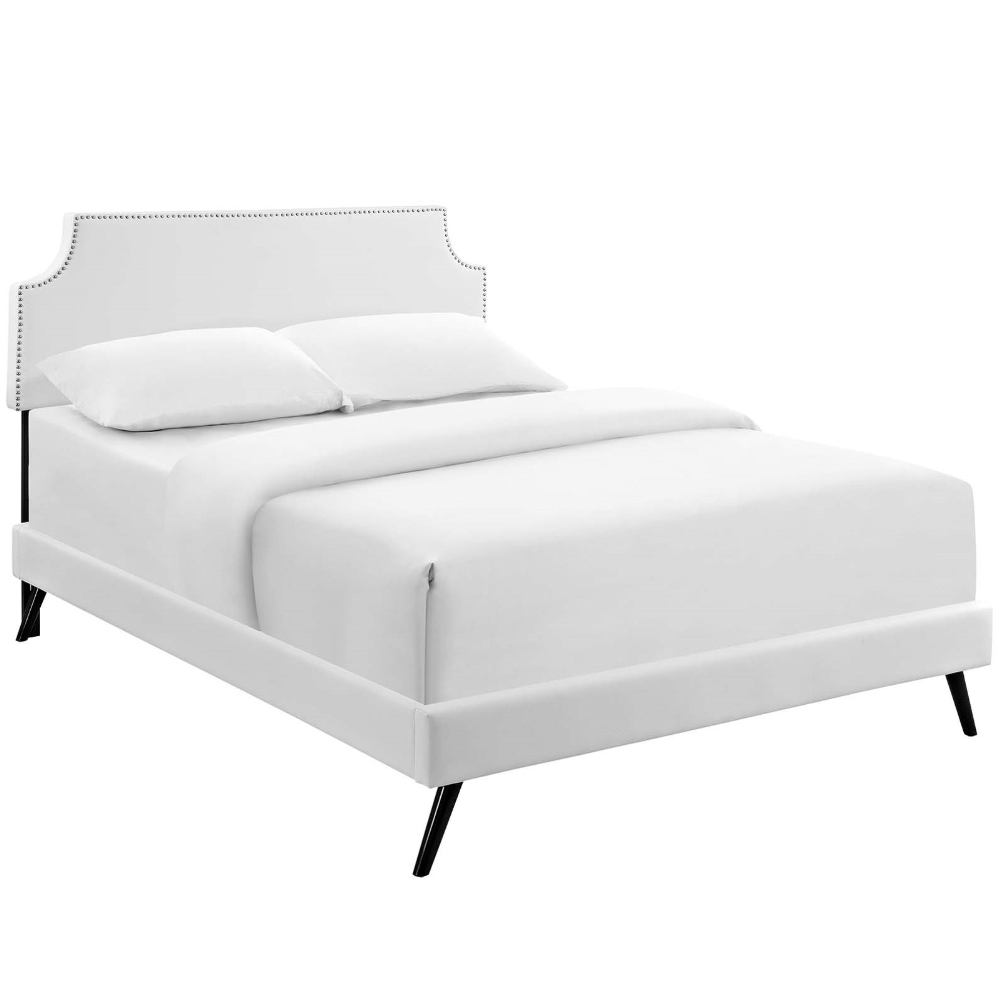 Corene Queen Vinyl Platform Bed - White | Durable Solid Wood Frame | Sleek Upholstery | Tapered Legs | No Box Spring Needed | Compatible With Memory Foam Mattresses | Ideal For Modern Bedrooms