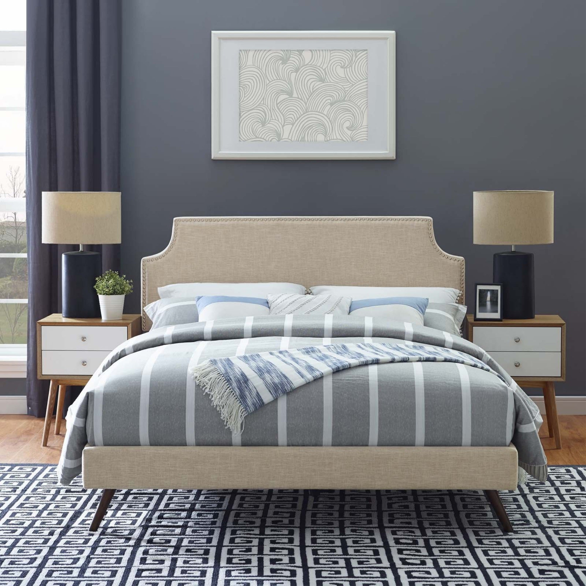 Casafoyer Corene Fabric Upholstered Queen Platform Bed Frame With Round Splayed Legs In Beige
