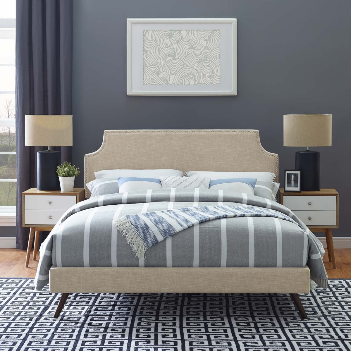 Casafoyer Corene Fabric Upholstered Queen Platform Bed Frame With Round Splayed Legs In Beige