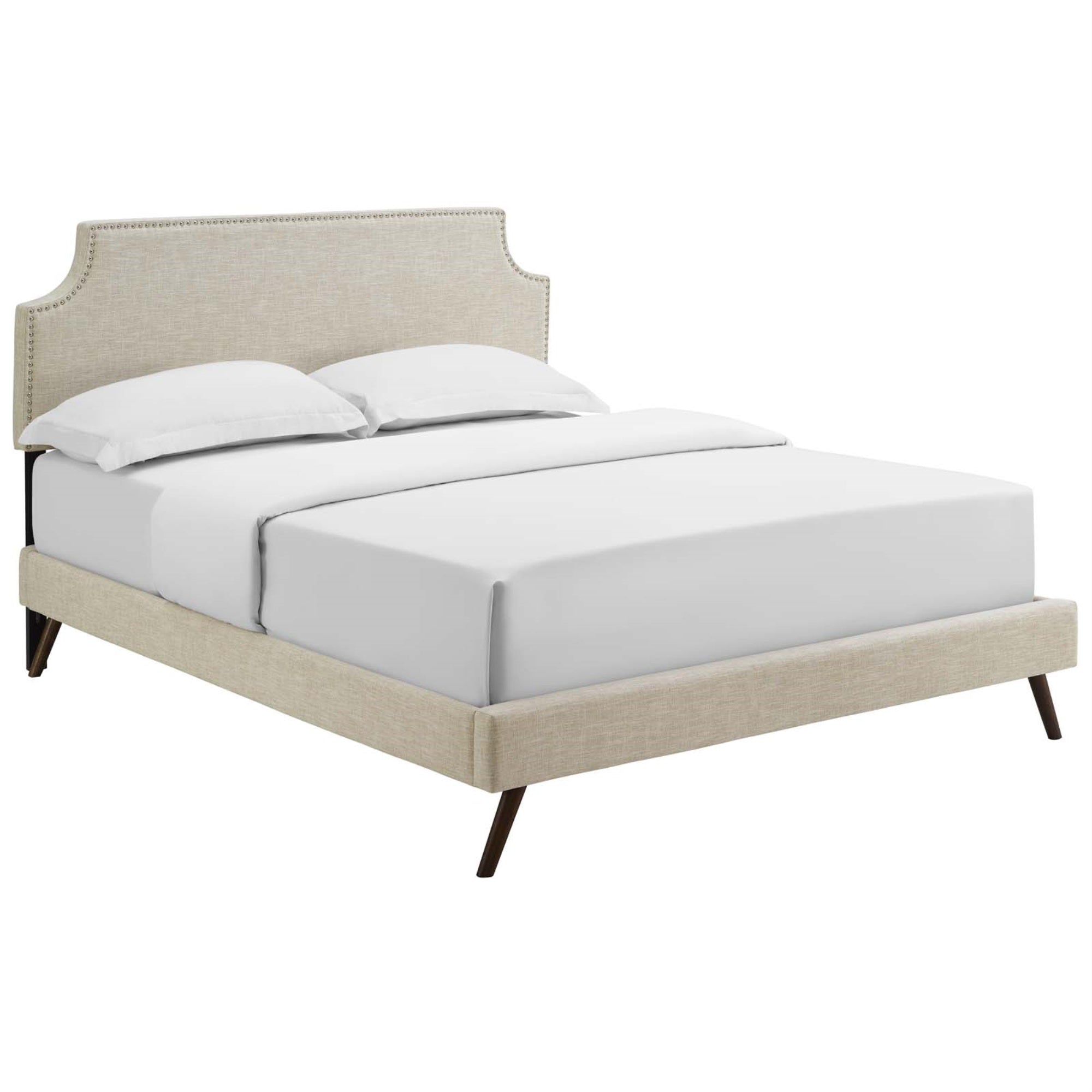 Corene Platform Bed - Solid Wood Frame, Polyester Upholstery, Tapered Legs, No Box Spring Needed - Queen Size, Beige