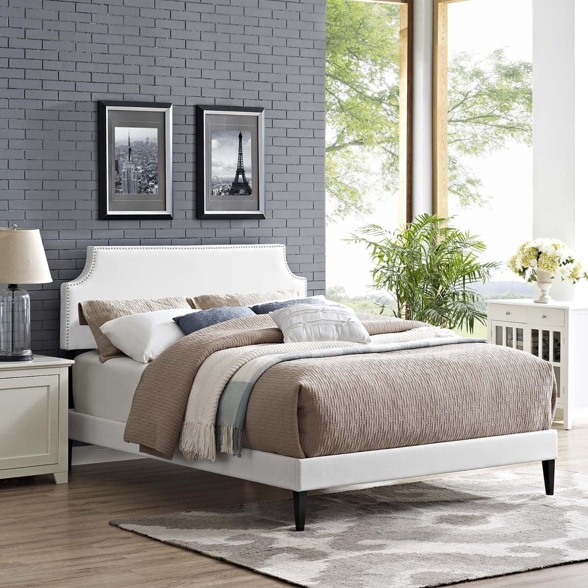 Casafoyer Corene Faux Leather Upholstered Queen Platform Bed Frame With Tapered Legs In White