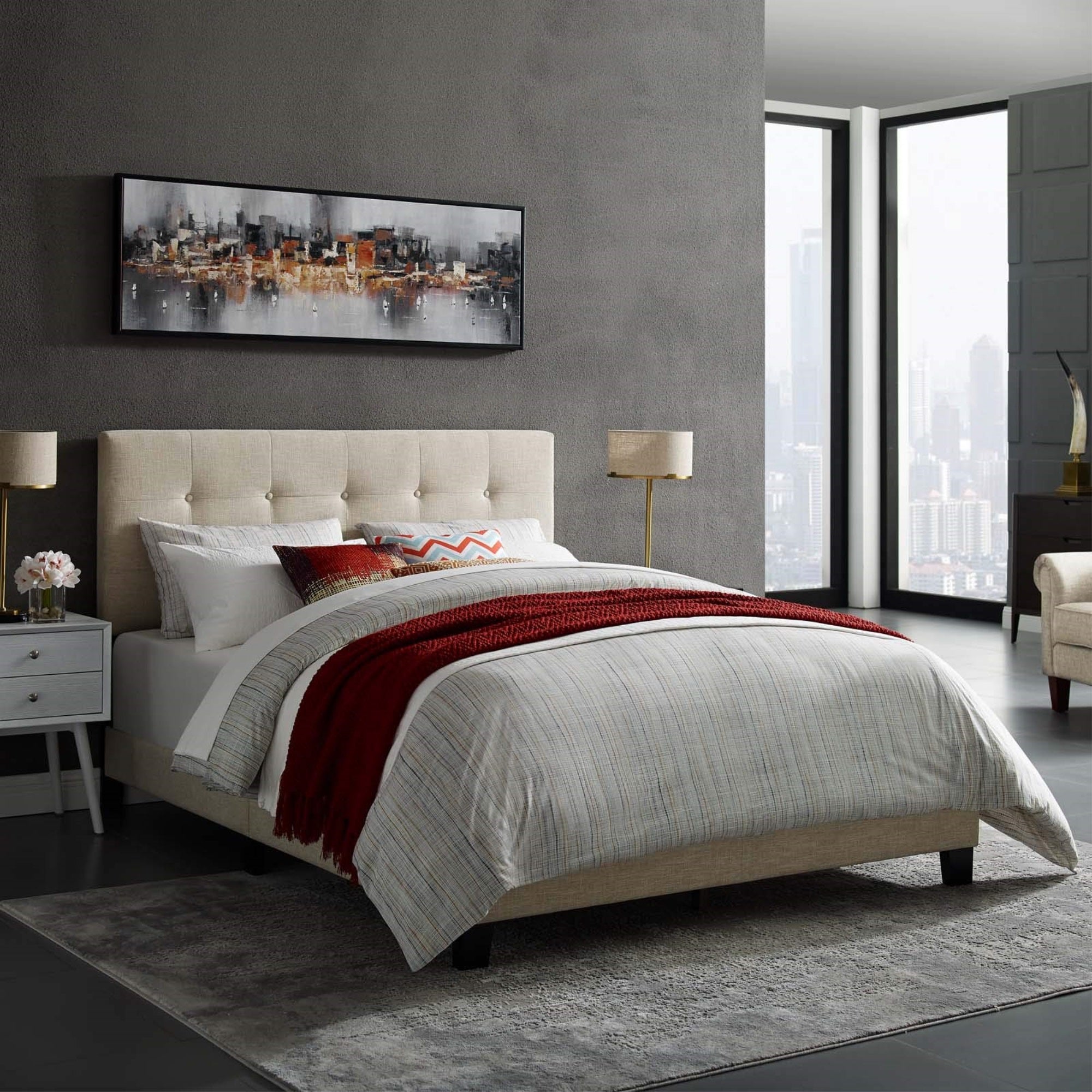 Casafoyer Amira Tufted Fabric Upholstered King Bed Frame With Headboard In Beige