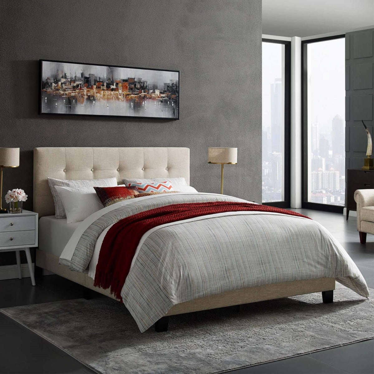 Casafoyer Amira Tufted Fabric Upholstered King Bed Frame With Headboard In Beige
