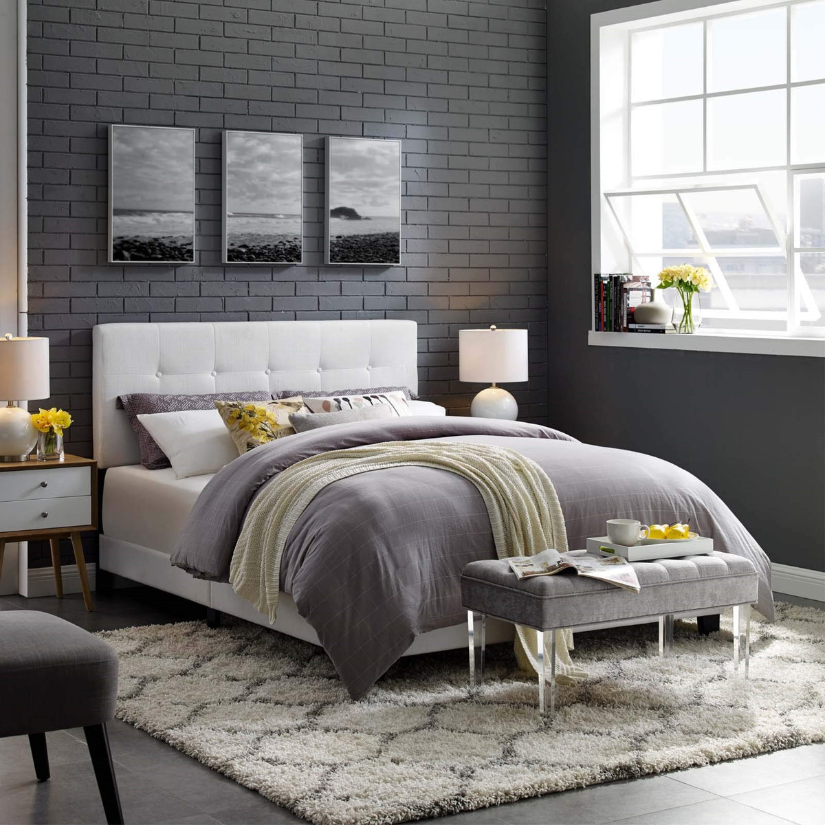 Casafoyer Amira Tufted Fabric Upholstered King Bed Frame With Headboard In White
