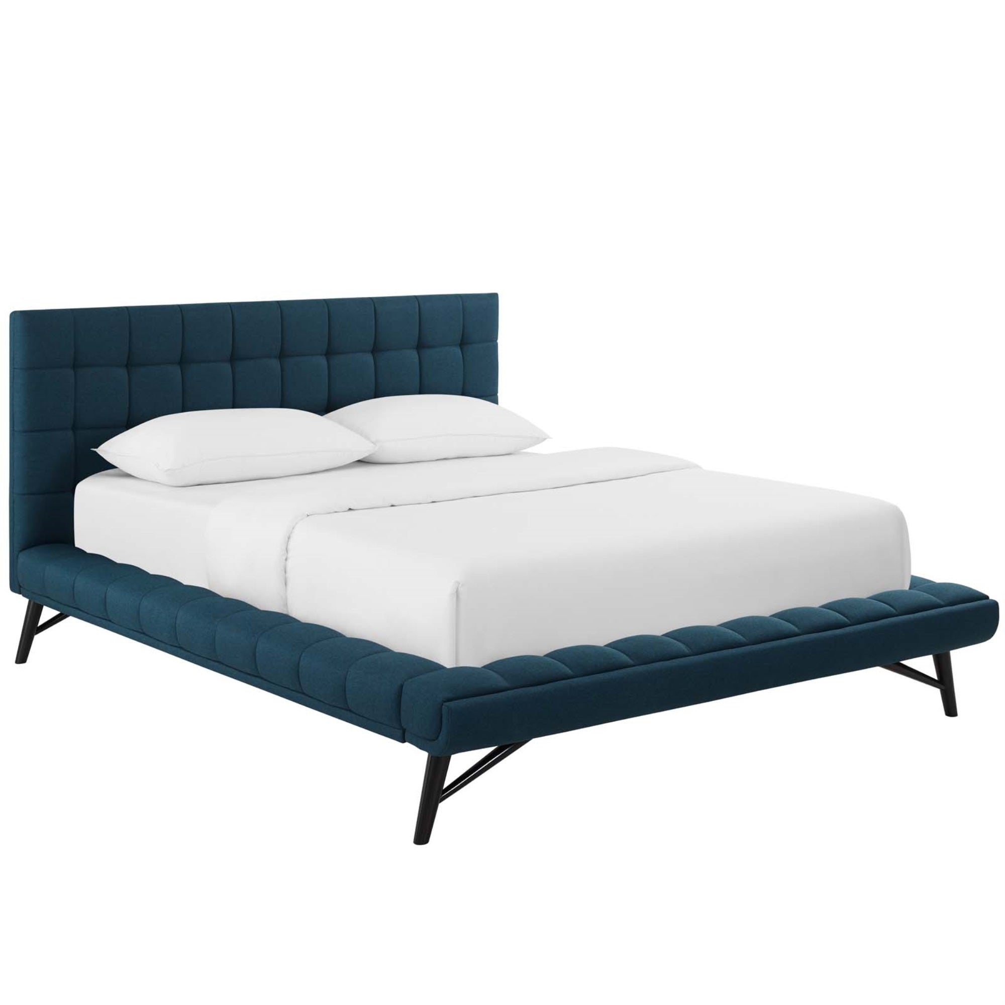 Julia Queen Platform Bed - Mid-Century Elegance, Biscuit Tufted, Polyester Upholstery, Sturdy Frame, Wood Legs, Comfortable Foam Padding, No Box Spring Needed, Blue