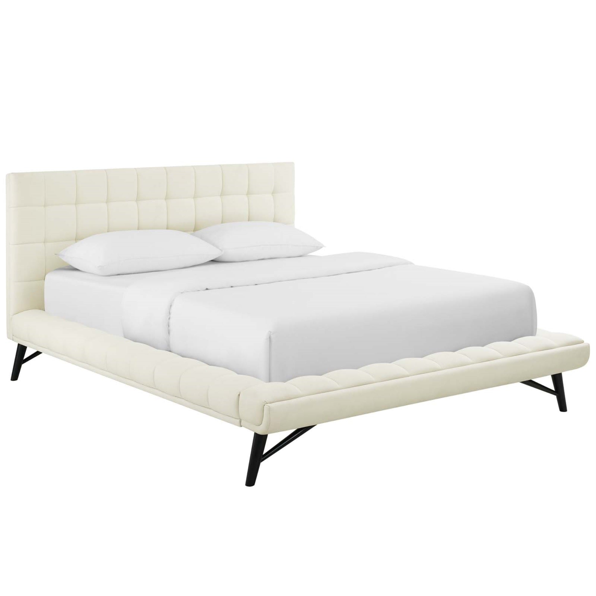 Julia Queen Platform Bed - Elegant And Sophisticated Low-Profile Design, Biscuit Tufted Upholstery, Sturdy Plywood Frame, Wood Slat Support System, Ivory Fabric.