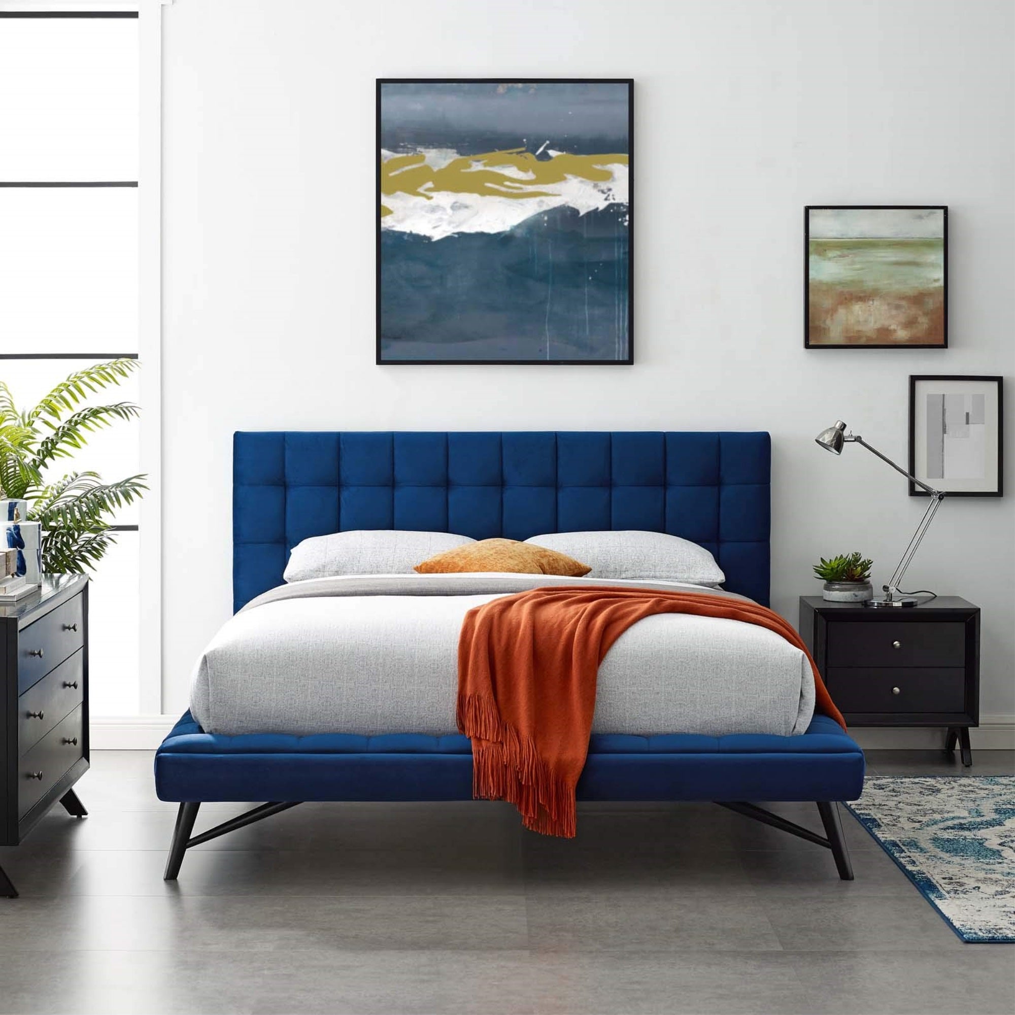 Casafoyer Julia Mid-Century Biscuit Tufted Performance Velvet Queen Platform Bed In Navy