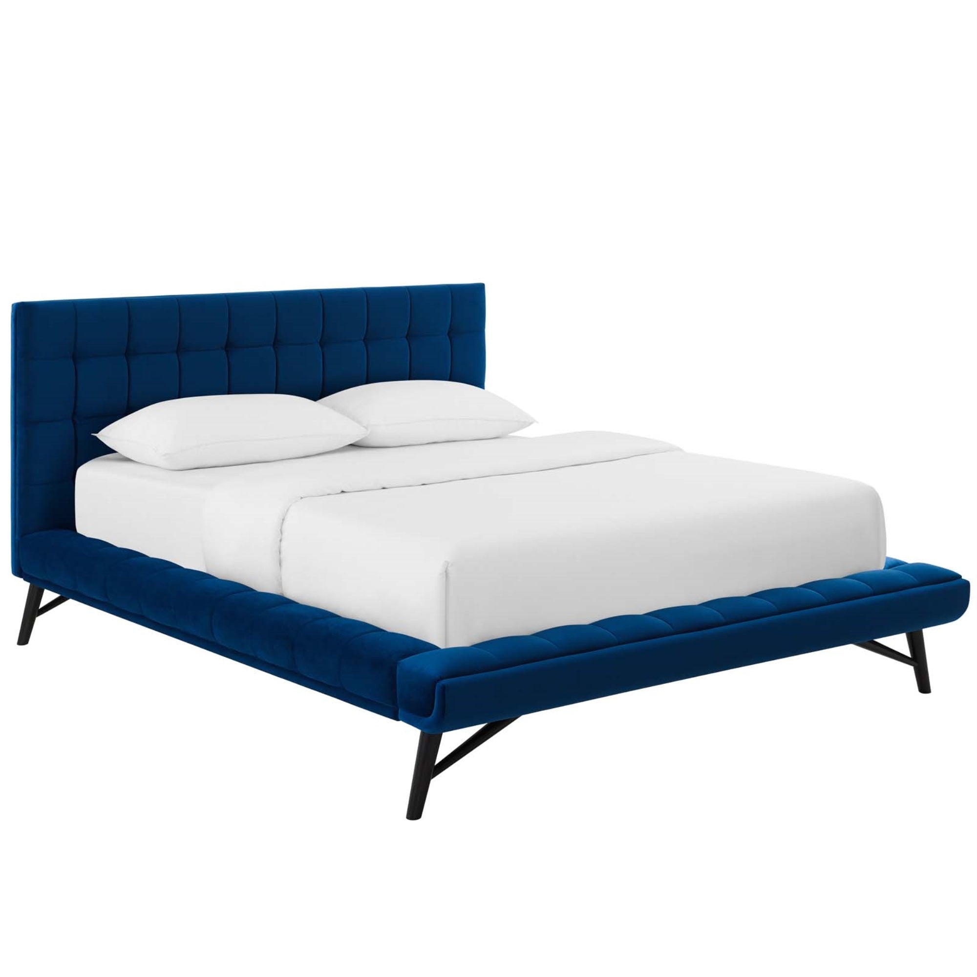 Julia Queen Platform Bed - Sturdy Plywood Frame, Biscuit Tufted, Performance Velvet Upholstery, Wood Slat Support System, Navy