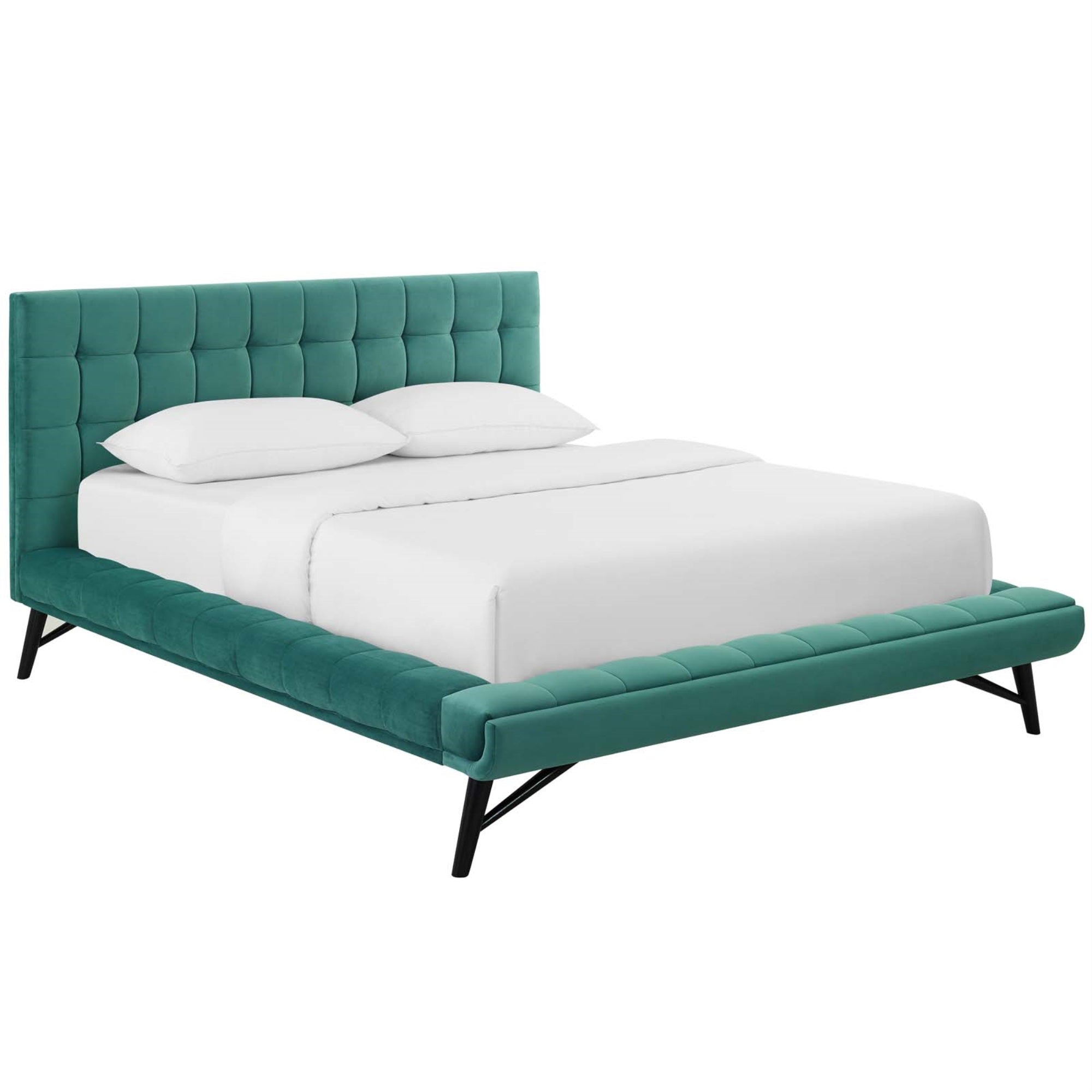 Julia Queen Platform Bed - Sturdy Plywood Frame, Biscuit Tufted Headboard, Performance Velvet Upholstery, Wood Slat Support System. Teal.