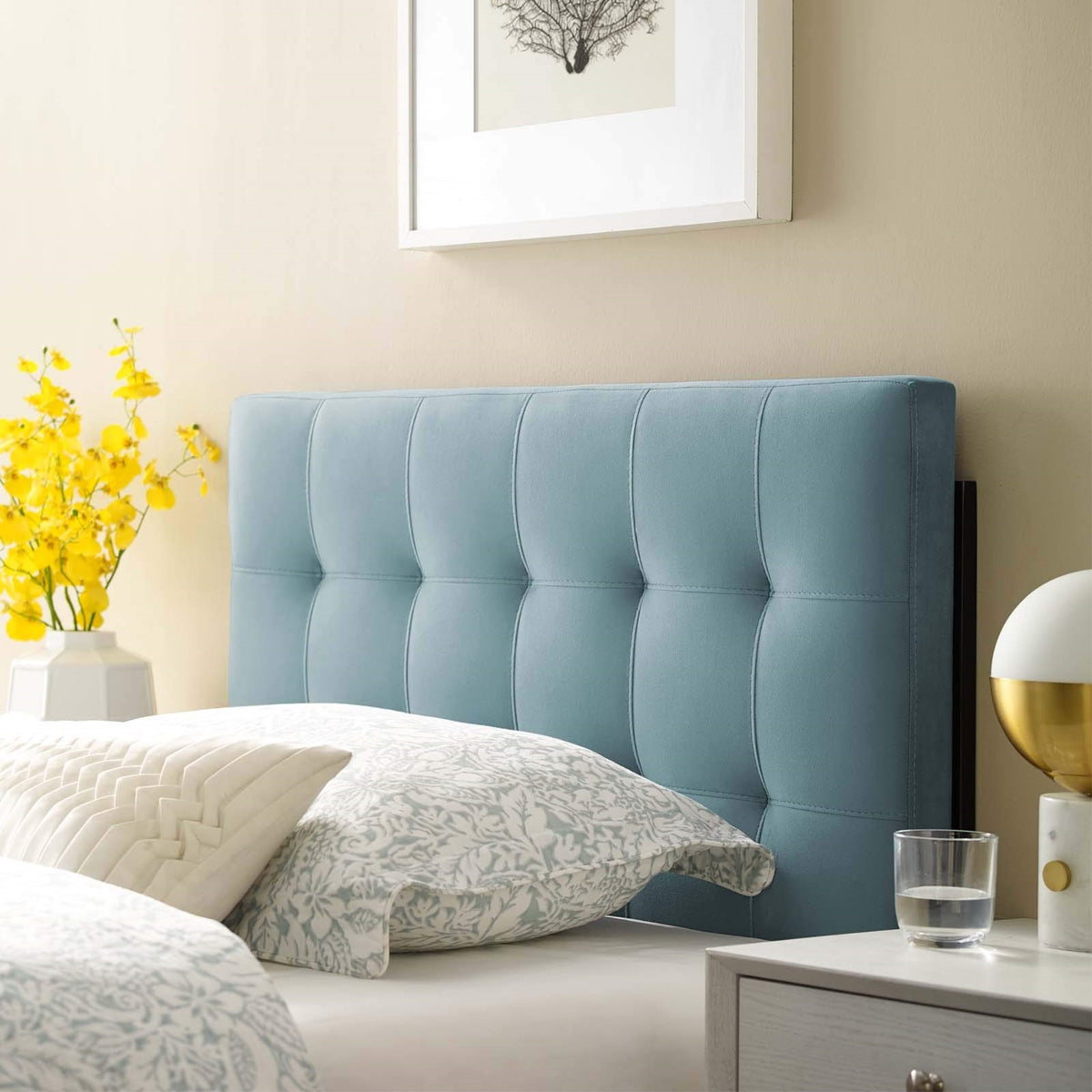 Casafoyer Lily Biscuit Tufted Twin Performance Velvet Headboard, Light Blue