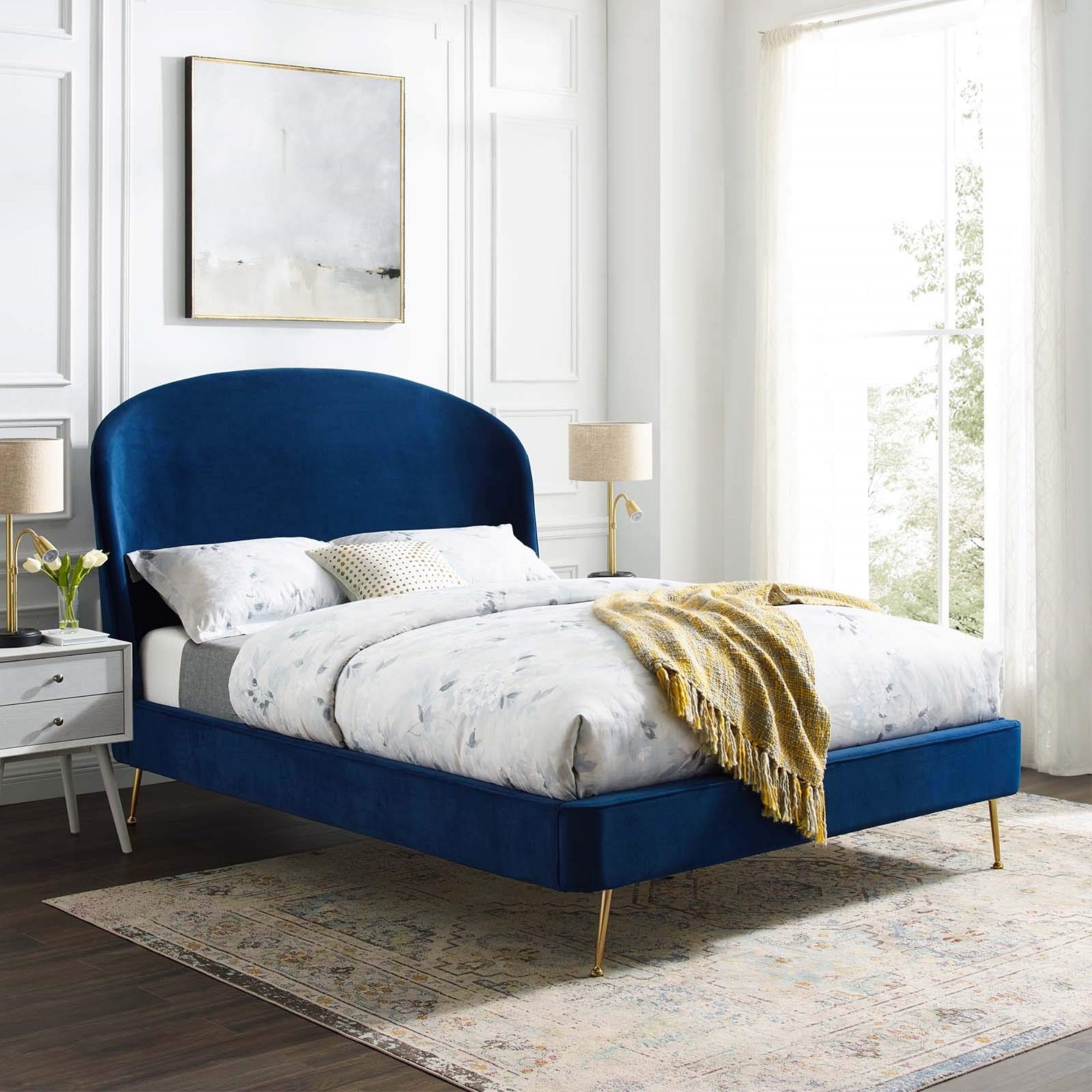 Casafoyer Mira Upholstered Performance Velvet Queen Platform Bed, Navy