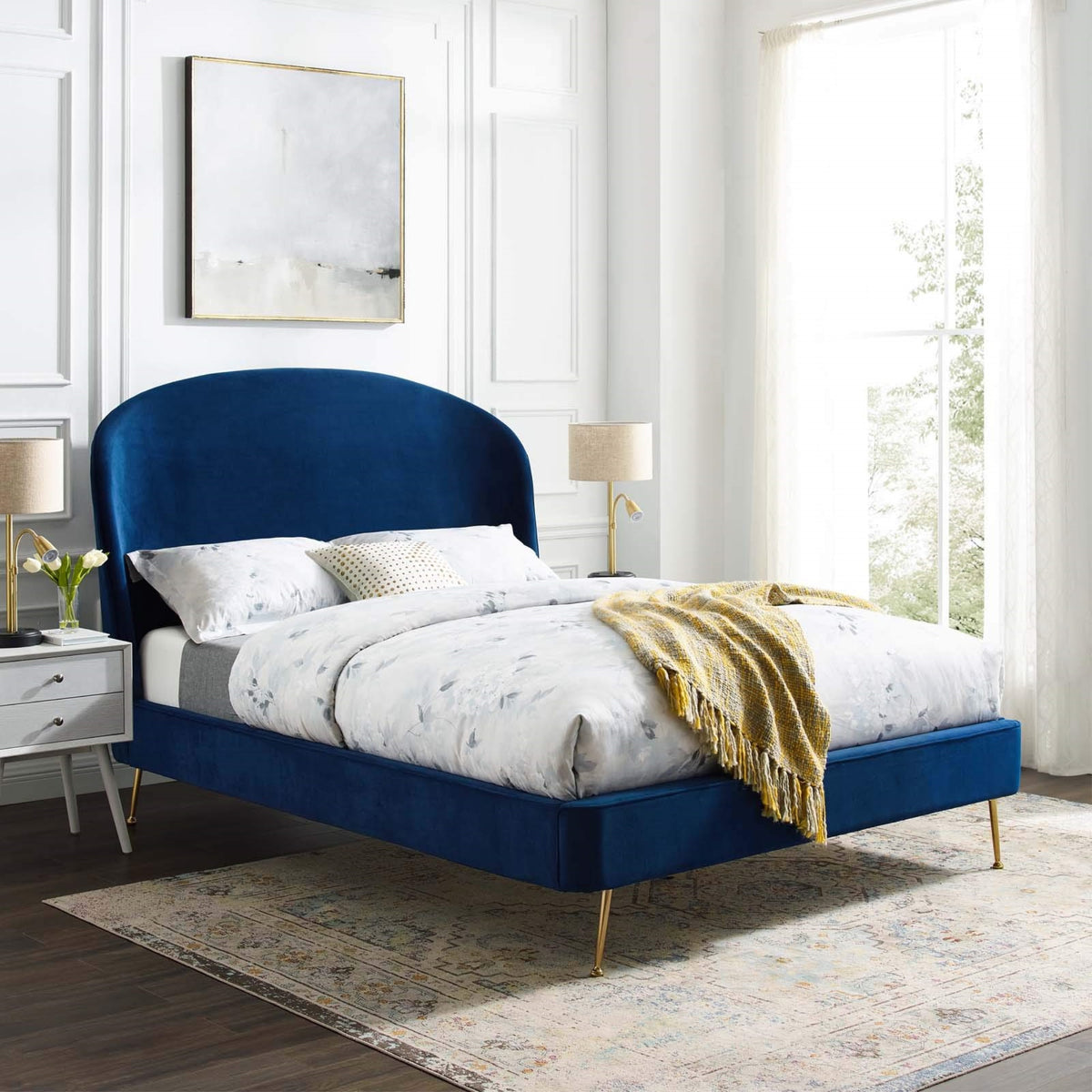 Casafoyer Mira Upholstered Performance Velvet Queen Platform Bed, Navy