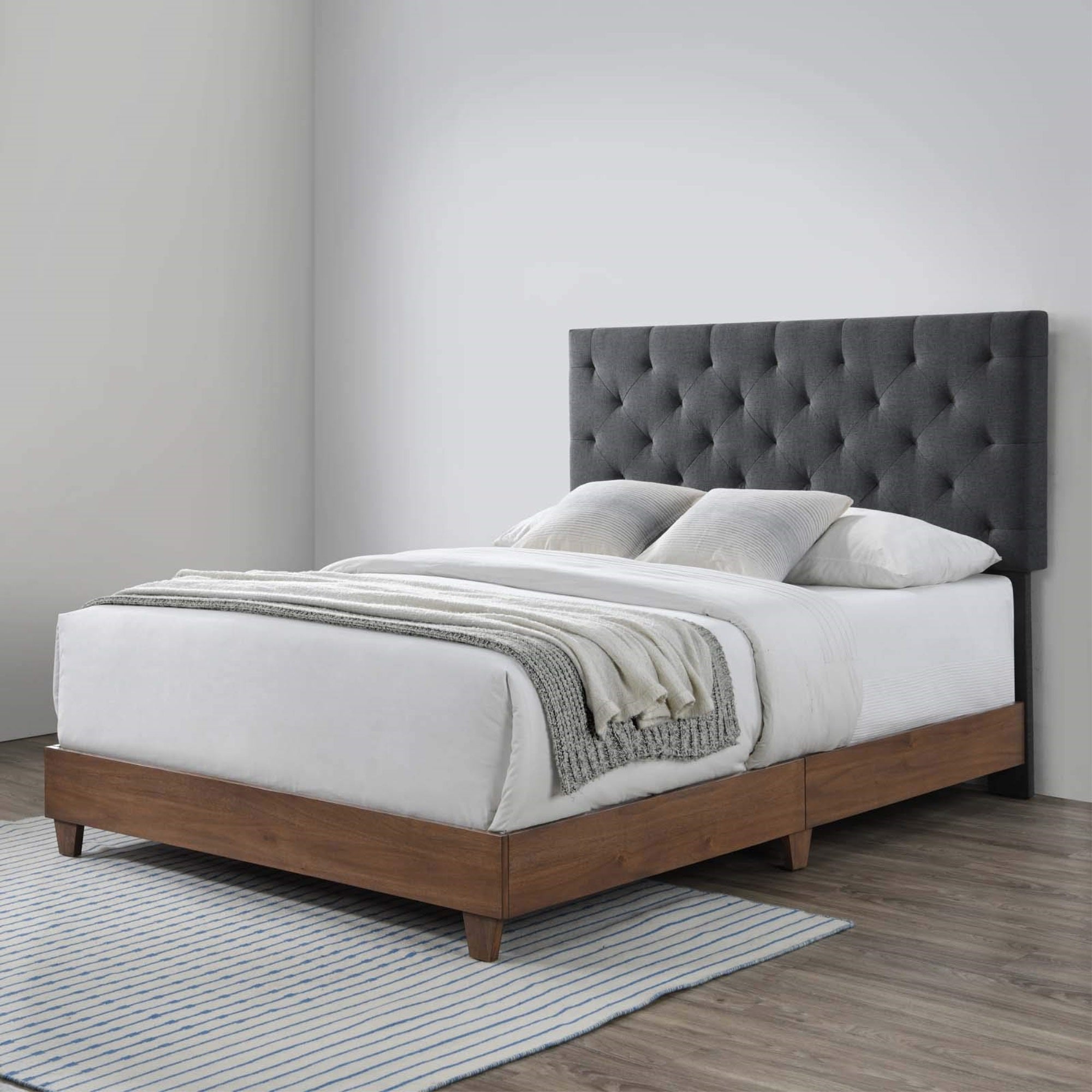 Casafoyer Rhiannon Diamond Tufted Upholstered Fabric Queen Bed, Walnut Gray
