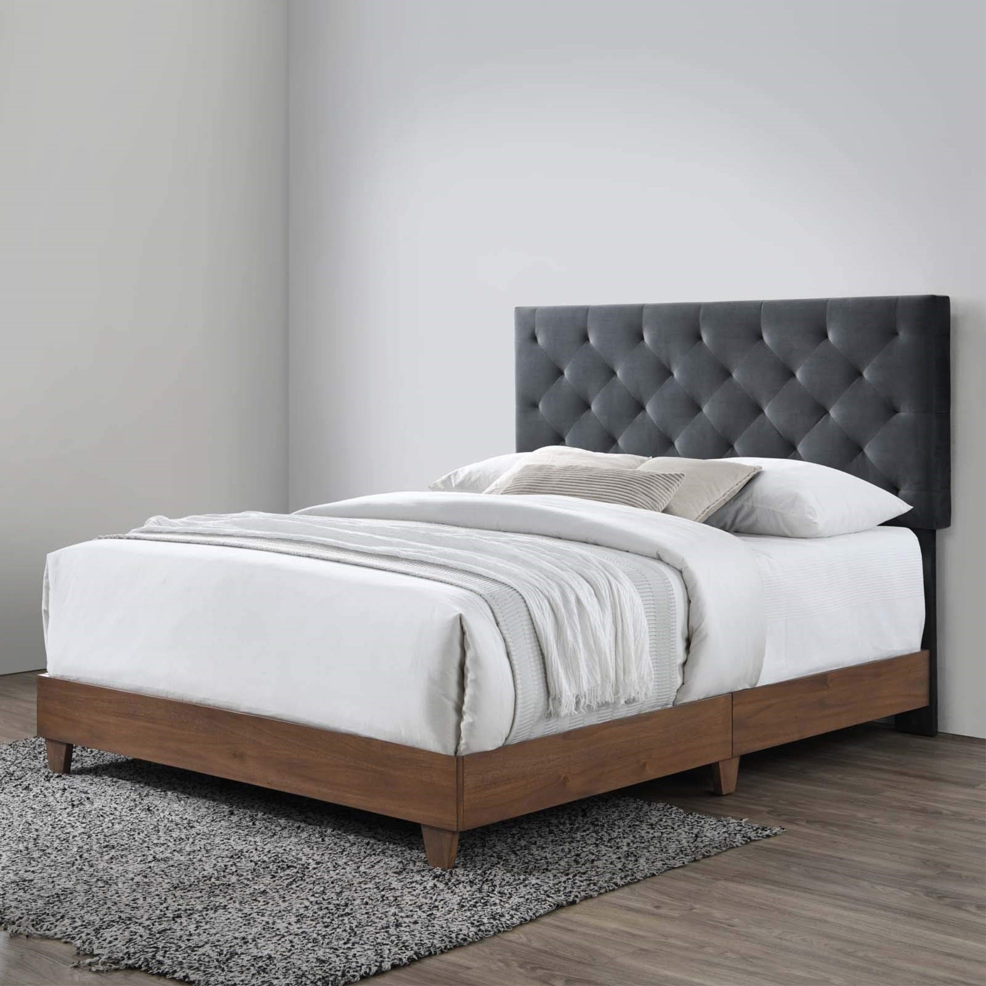 Casafoyer Rhiannon Diamond Tufted Upholstered Performance Velvet Queen Bed, Walnut Charcoal