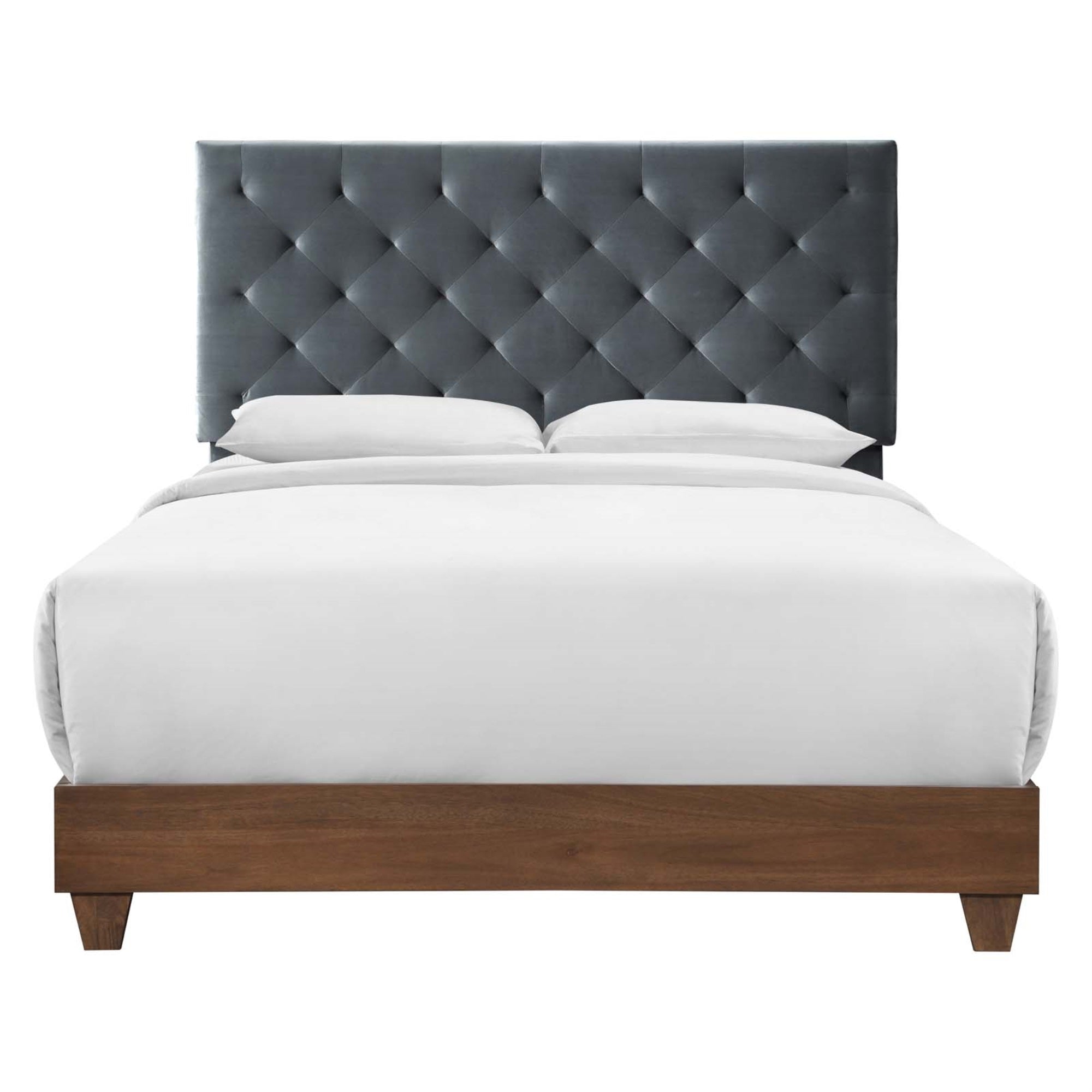 Rhiannon Diamond Tufted Performance Velvet Upholstered Queen Bed - Walnut Charcoal, Elegant & Durable, Dual Support Planks, 800 Lbs Weight Capacity