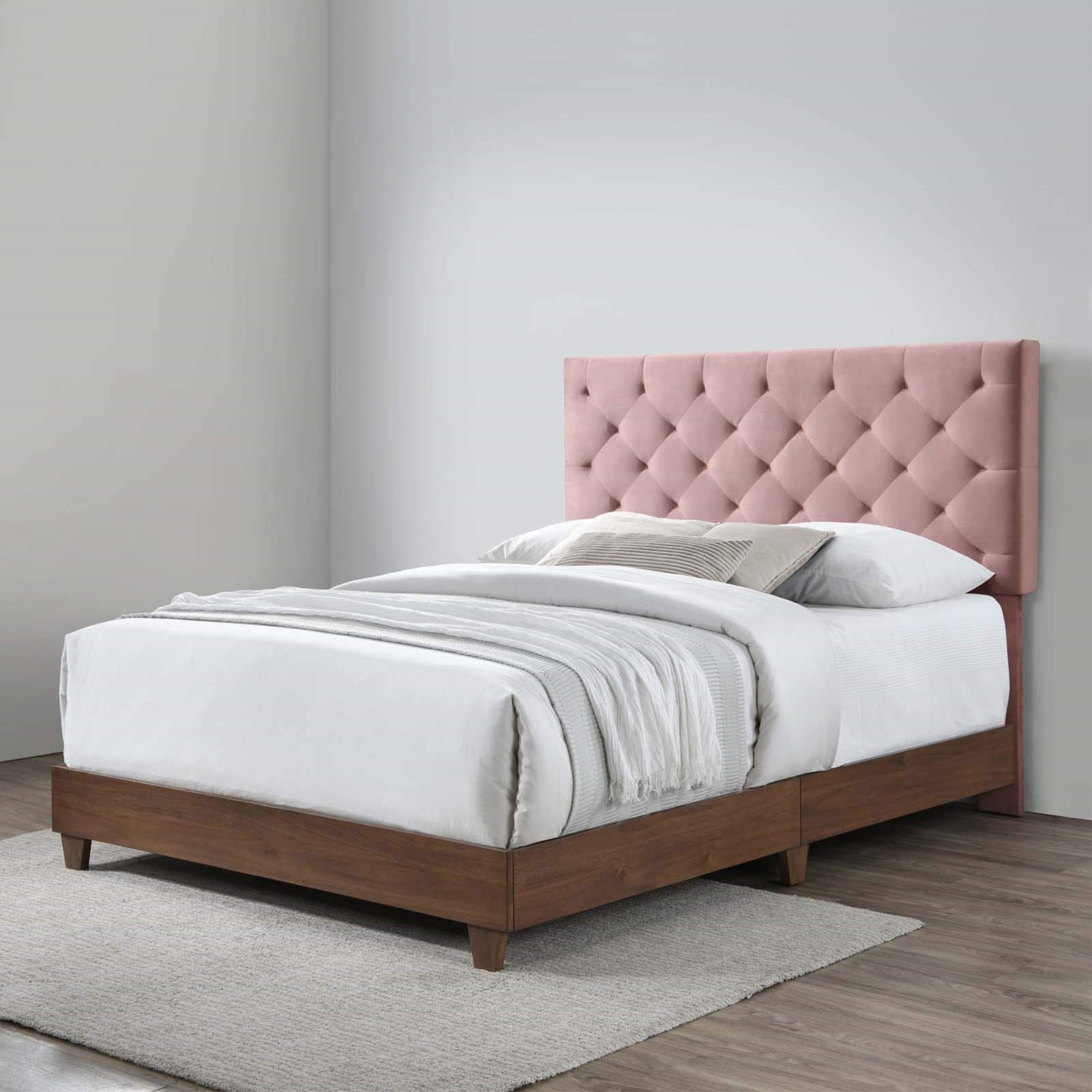 Casafoyer Rhiannon Diamond Tufted Upholstered Performance Velvet Queen Bed, Walnut Dusty Rose