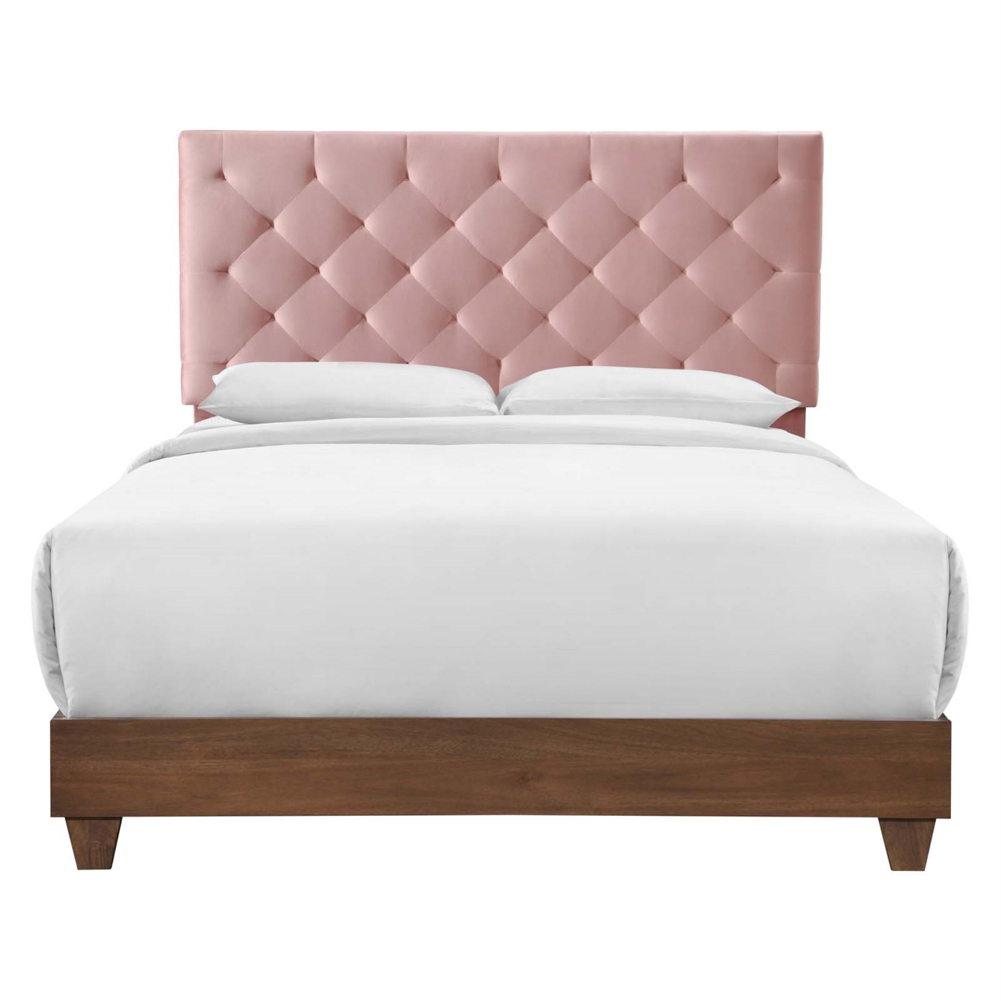 Rhiannon Diamond Tufted Performance Velvet Upholstered Queen Bed - Walnut, Stain-Resistant, Dual Support Planks, Elegant Design