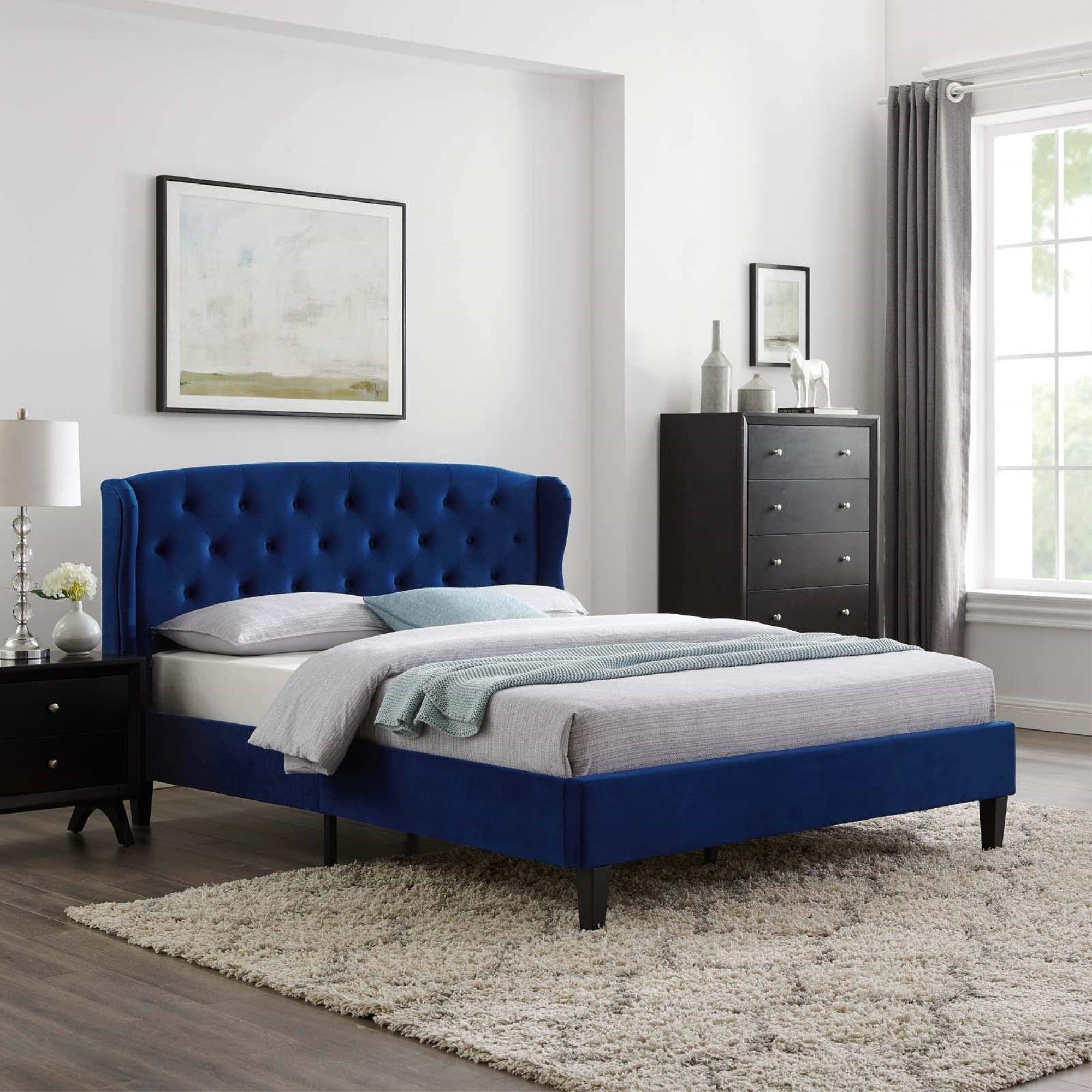 Casafoyer Penelope Tufted Performance Velvet Wingback Platform Queen Bed In Navy