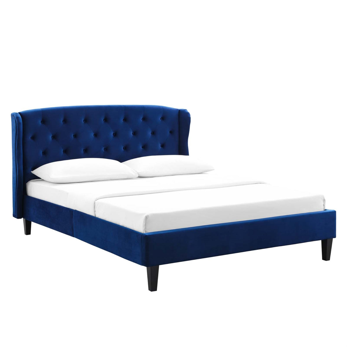 Penelope Tufted Wingback Queen Performance Velvet Platform Bed Navy
