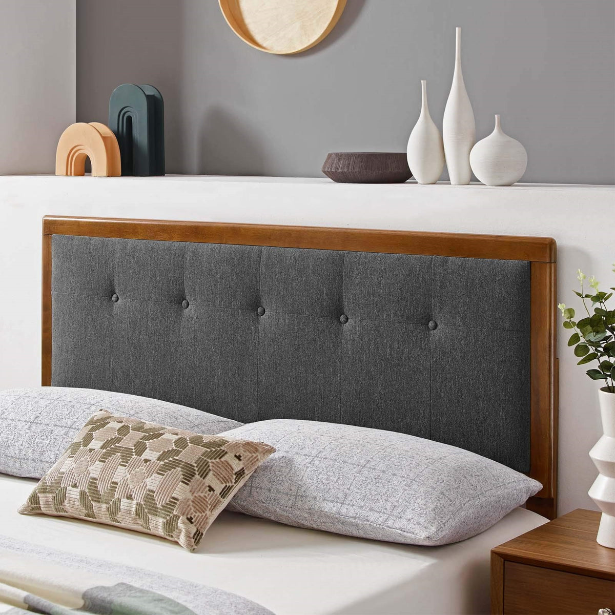 Casafoyer Draper Tufted Full Fabric And Wood Headboard In Walnut Charcoal