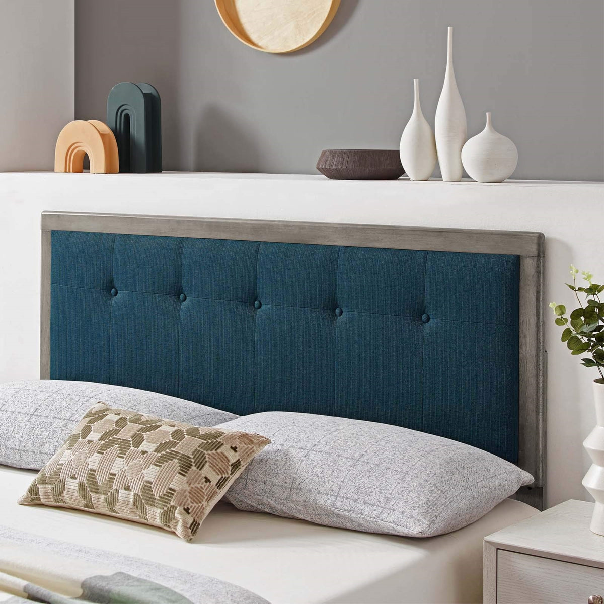 Casafoyer Draper Tufted Queen Fabric And Wood Headboard In Gray Azure