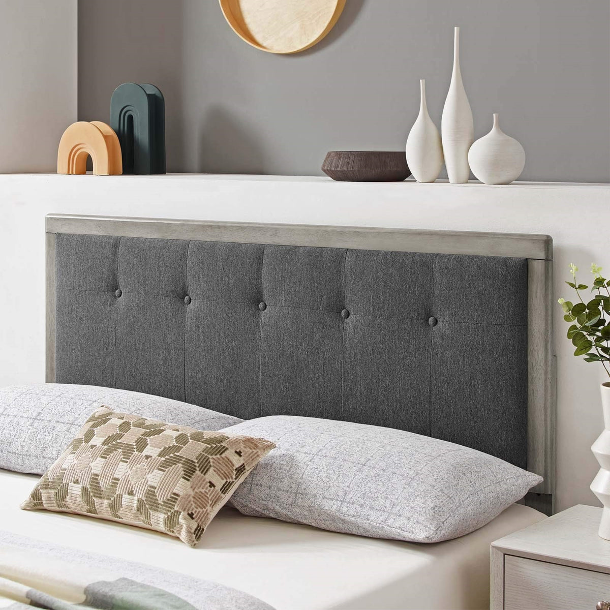 Casafoyer Draper Tufted Queen Fabric And Wood Headboard In Gray Charcoal