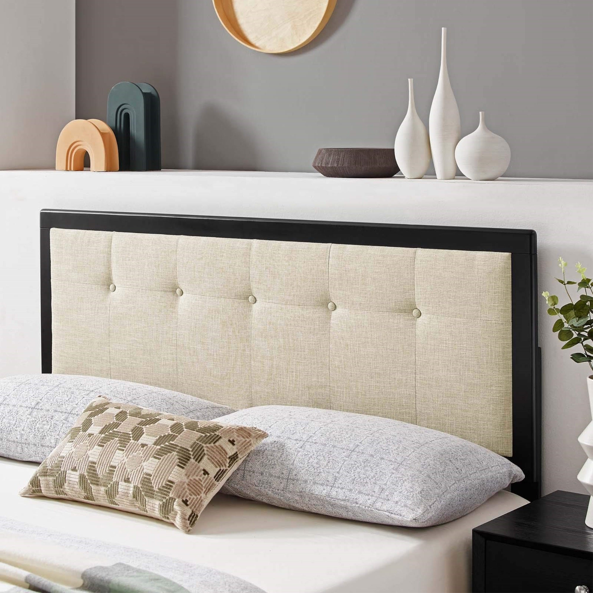 Casafoyer Draper Tufted King Fabric And Wood Headboard In Black Beige