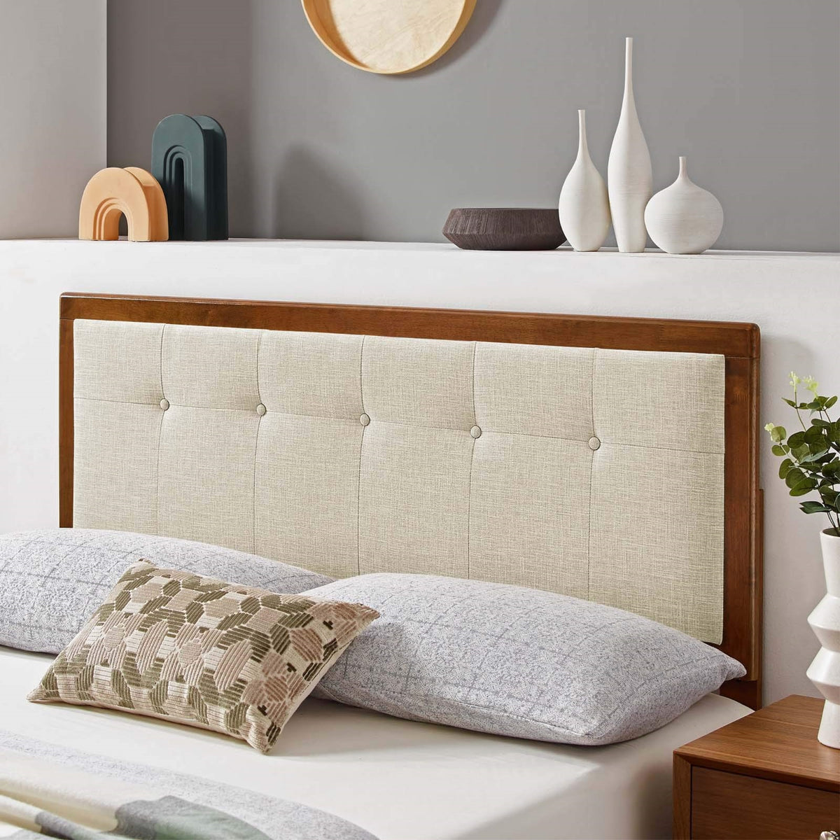 Casafoyer Draper Tufted King Fabric And Wood Headboard In Walnut Beige