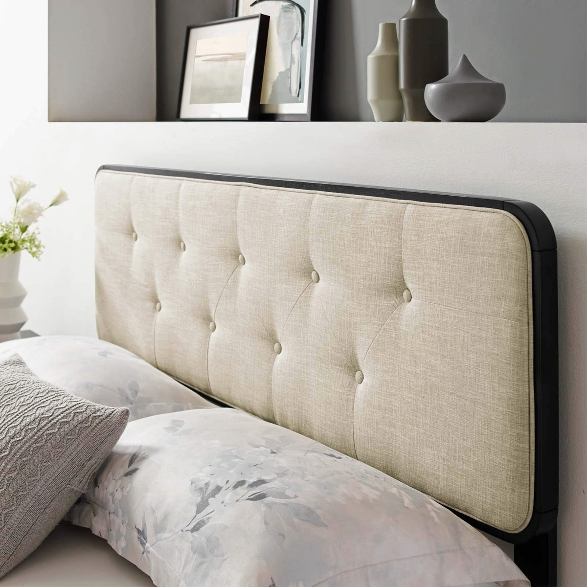 Casafoyer Mod-6234-Blk-Bei Collins Tufted Queen Fabric And Wood Headboard, Black Beige