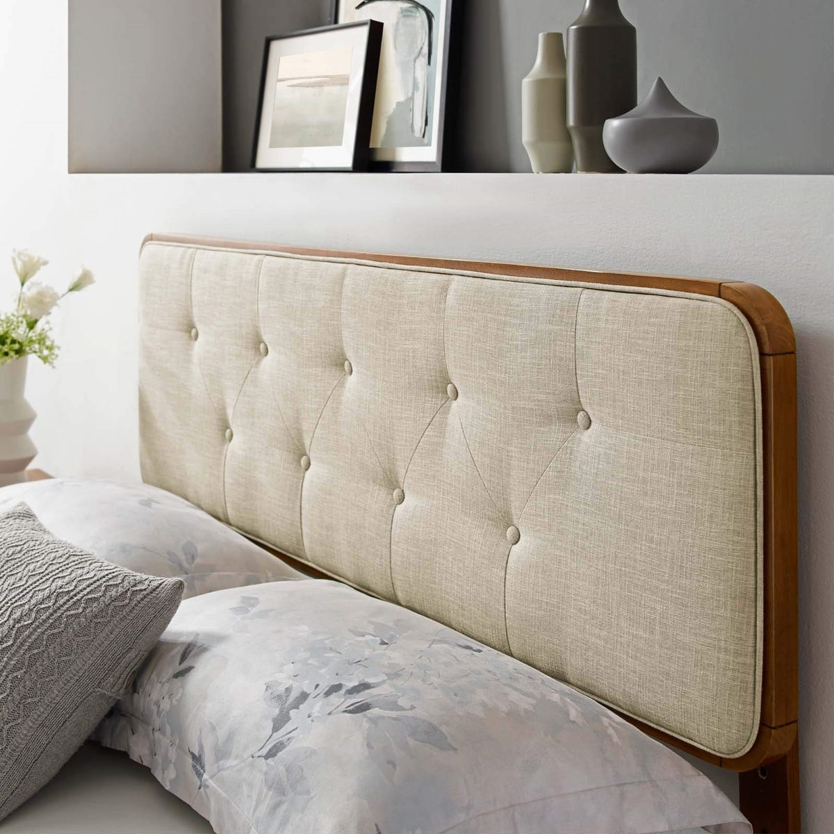 Casafoyer Mod-6234-Wal-Bei Collins Tufted Queen Fabric And Wood Headboard, Walnut Beige